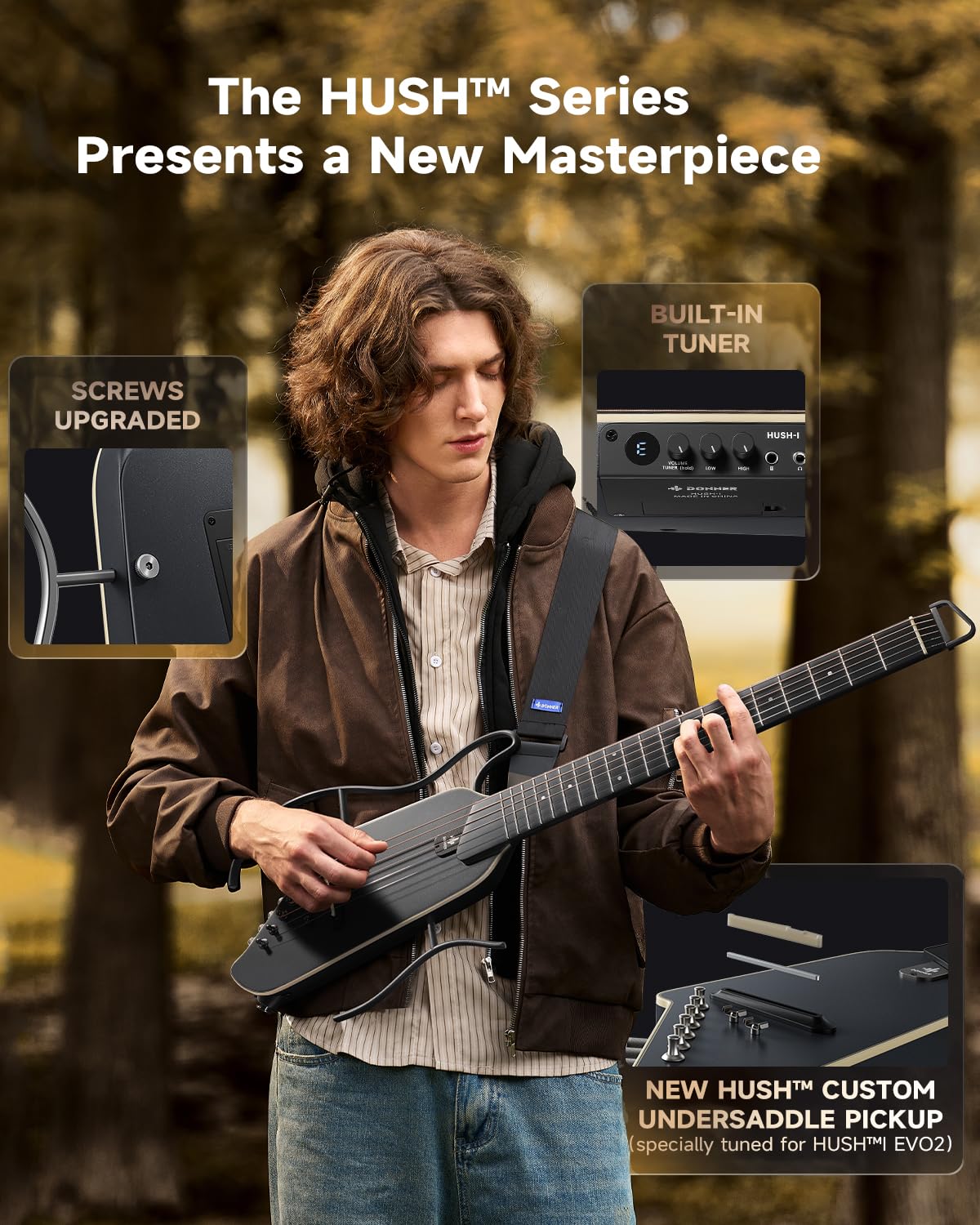 Donner HUSH I EVO2 Acoustic Electric Travel Guitar (Black)