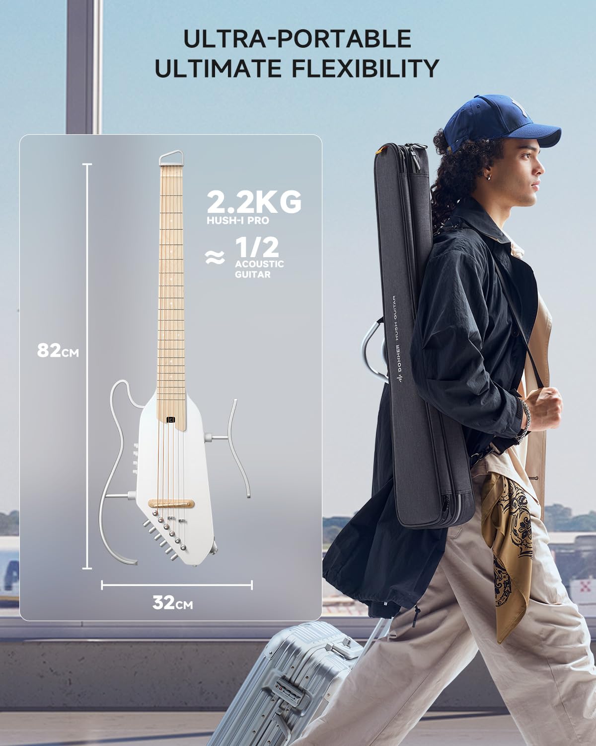 Donner HUSH I PRO Acoustic Electric Travel Guitar (Metallic White)