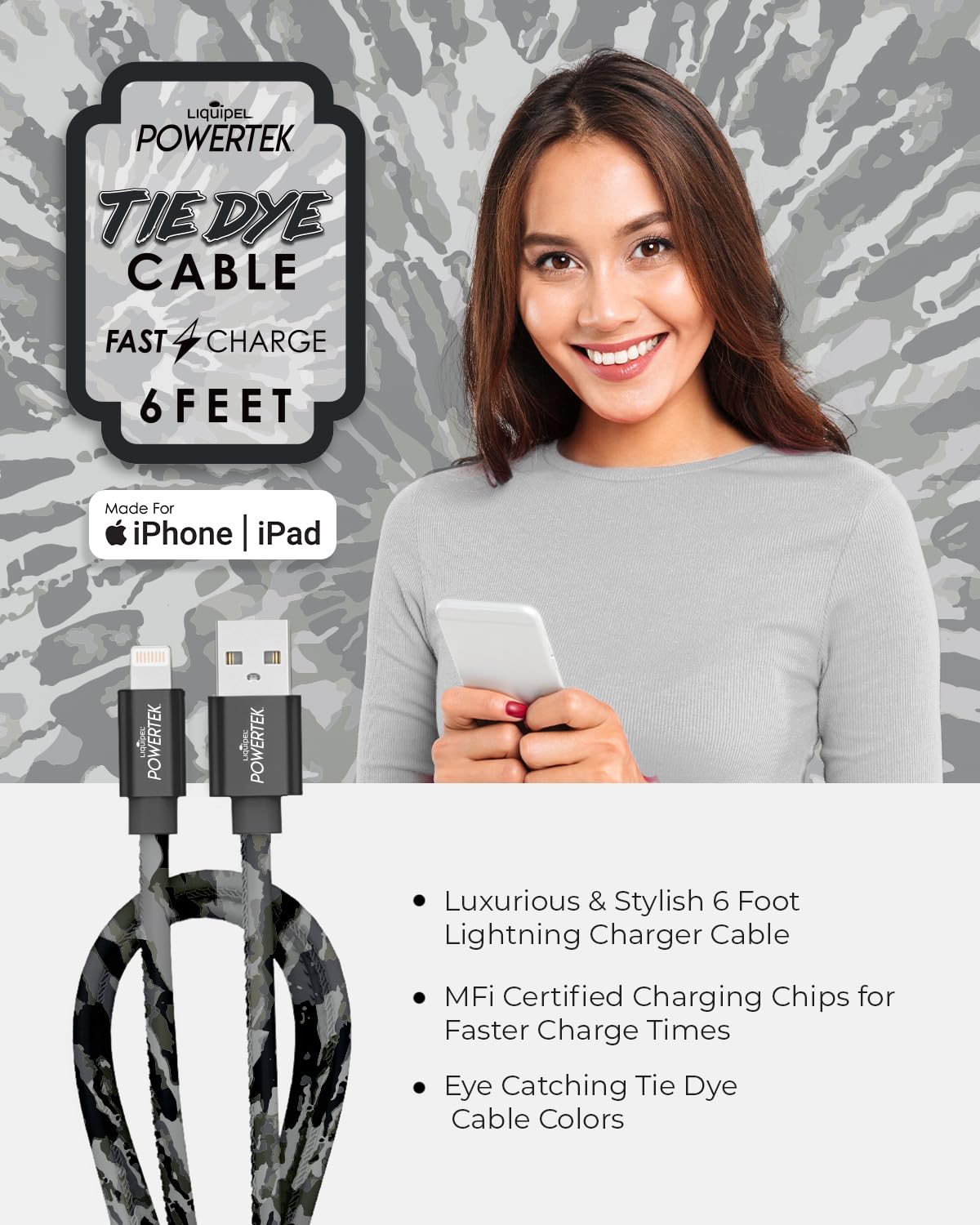 LIQUIPEL Powertek iPad & iPhone Lightning Charger Cable, Fast Charging 6ft MFI, Tie Dye Black (Black)