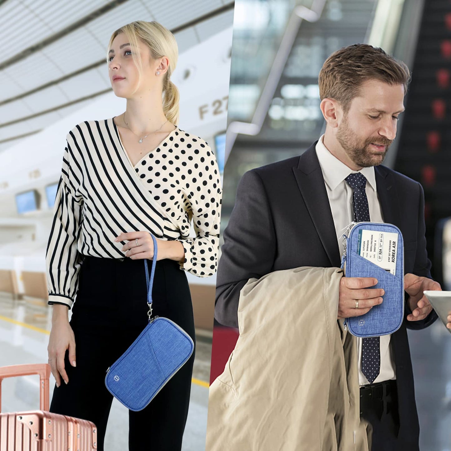 Travel Passport Wallet with RFID Shielding, Crossbody Strap and Wristlet Strap (Blue)
