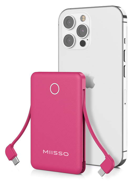 miisso 6000mah Ultra Slim Built in Cables Power Bank, Card Size Built in USB C Cords Battery Pack Portable Charger for Phones, 3 Output External Battery Pack Compatible with iPhone, Samsung, Plum Red