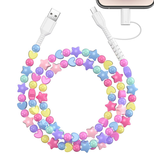 VOFUOE USB C Cable for iPhone Charging Cord 2 in 1 Multi Charging Cable USB A to USB C to iPhone Fast Charging Cable Star Beads 3.3FT Girls Women for iPhone 16 Pro Max for iPad 10th Gen-Colorful