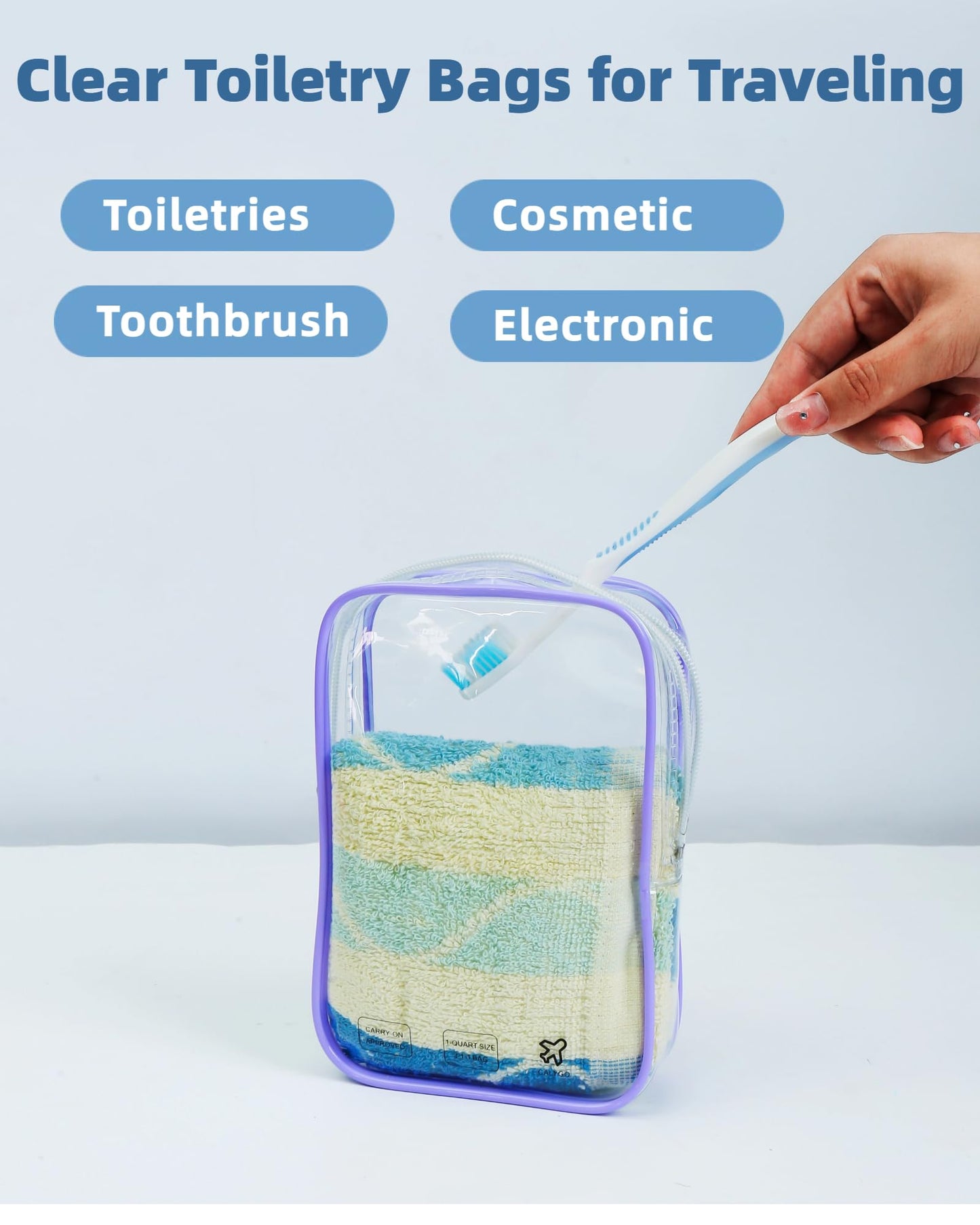 3-Pack of Clear Quart-Size TSA-Approved Transparent Toiletry Organizer Pouches (Pink, Purple, Blue)