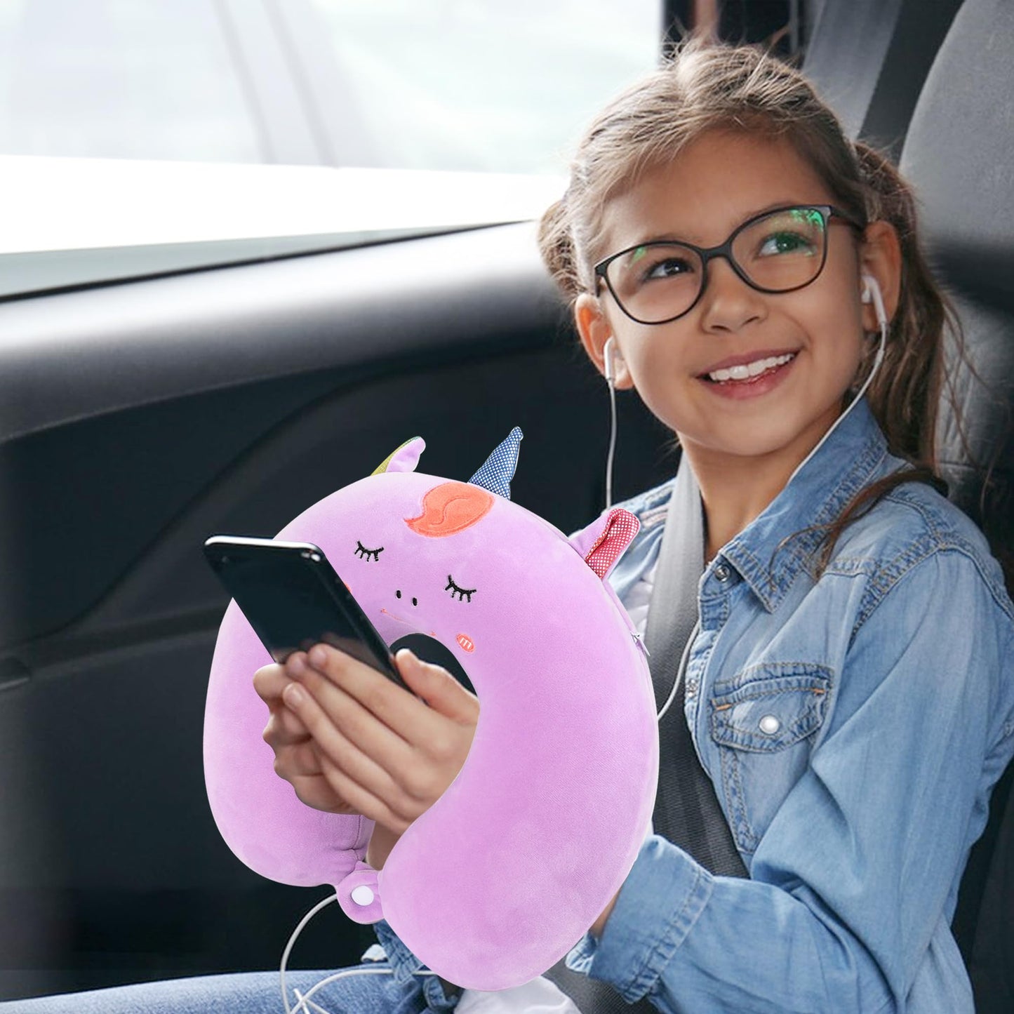 Sexysamba Cartoon Headrest & Neck Pillow for Kids Boys & Girls, Teens, Travel Accessories for Airplane, Car, Recline, Memory Foam Cute Travel Pillow with Sleep Eye Mask - Purple Unicorn