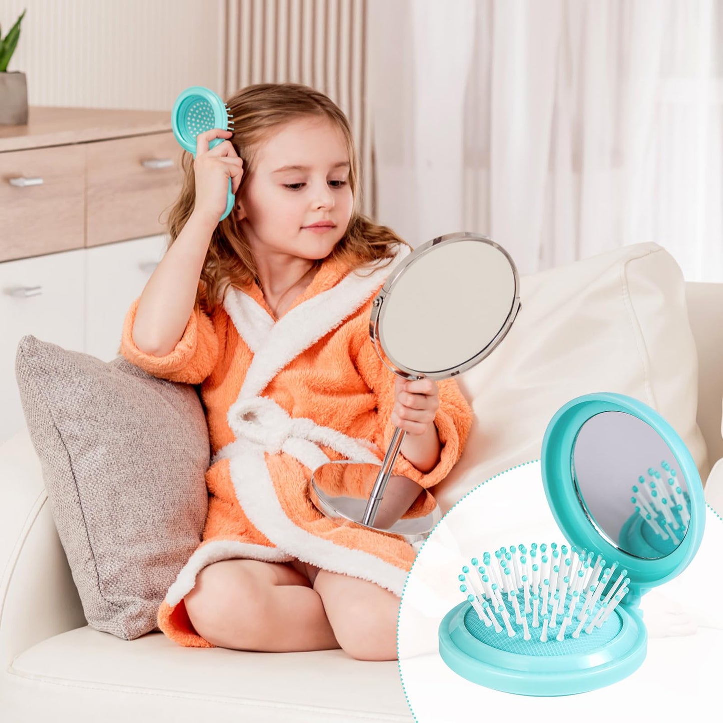 Round Folding Hairbrush with Mirror (Aqua Blue)