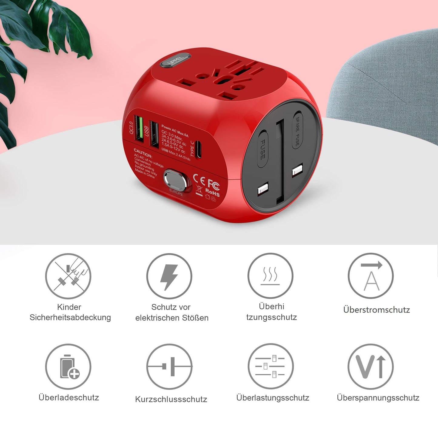 Travel Power Plug Adapter Portable Wall Charger Multi Plug USB Outlet Extender with 6A Smart Power Quick Charge 3.0 USB Type C for USA,UK,EU Red