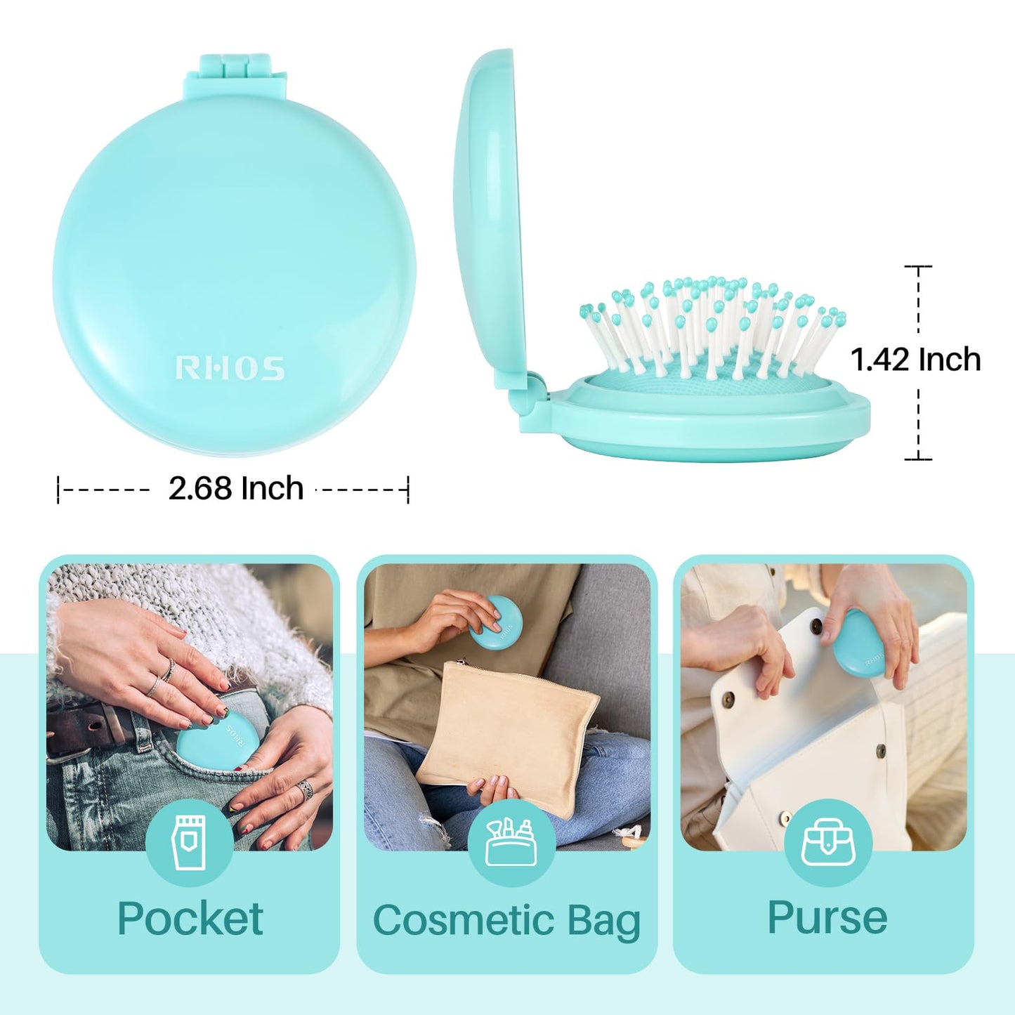 Round Folding Hairbrush with Mirror (Aqua Blue)