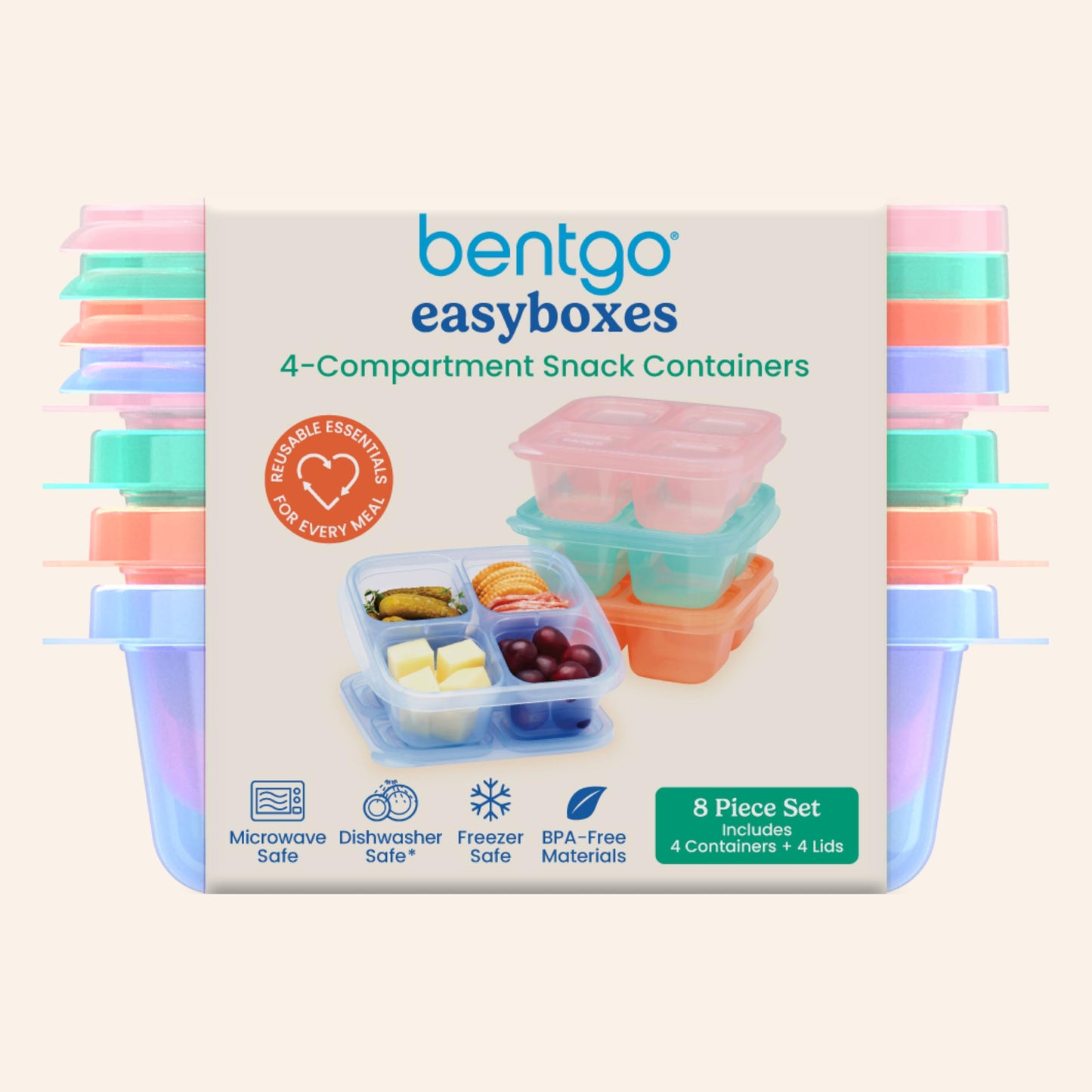 Bentgo Easyboxes 4-Compartment Snack Containers - 8-Piece Set with 4 Trays & 4 Custom-Fit Lids to Seal in Freshness - Reusable Food Storage & Meal Prep Bento BPA-Free Containers (Pastels)