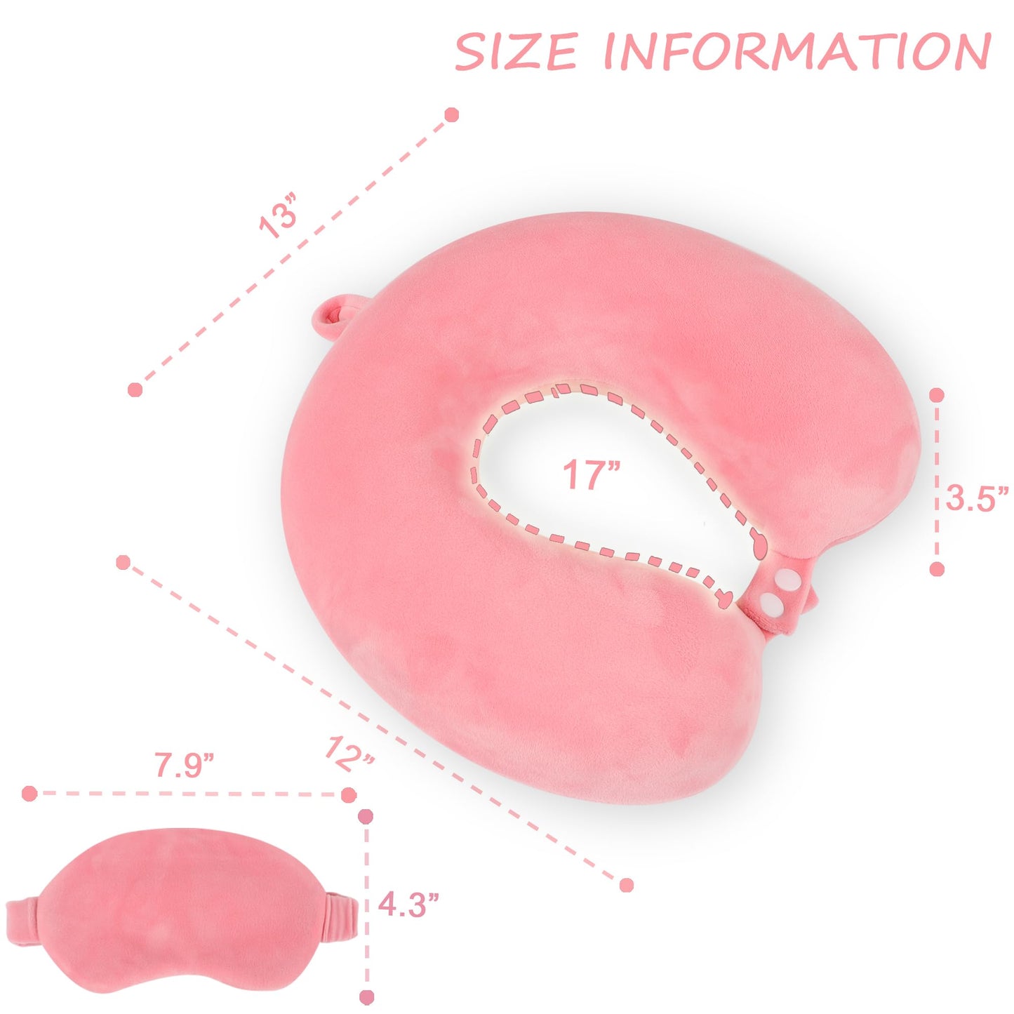 Pure Memory Foam Travel Pillow Set for Adults - Comfortable & Removable Machine Washable Cover, Neck Support Pillow Airplane Travel Kit with Eye Mask for Portable Plane Accessories - Peach Pink