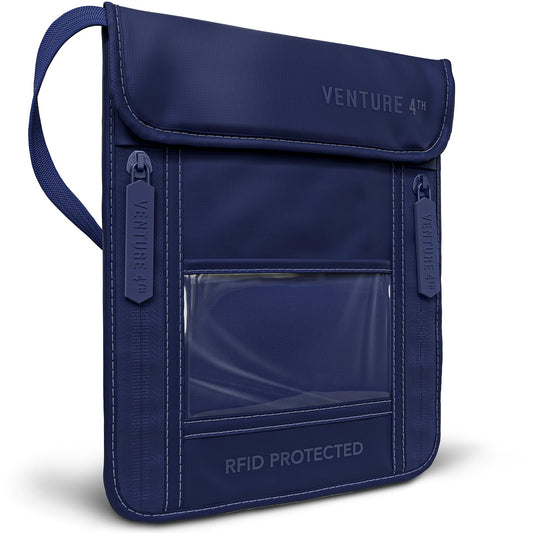 VENTURE 4TH Passport Holder Neck Wallet with RFID Blocking Nylon Lining - Hidden Neck Pouch for Travel (Sleek Navy Blue)