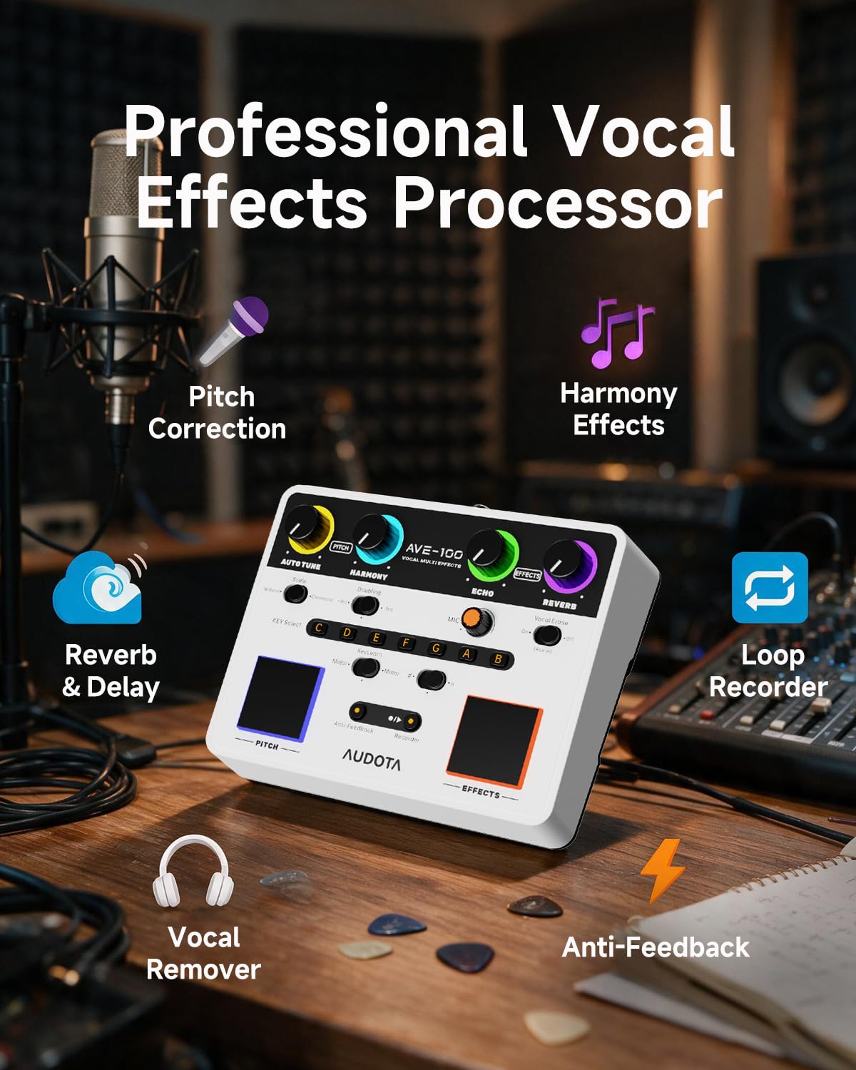 AVE-100 Vocal Effects Processor, Vocal Harmonizer with Pitch Correction, Harmony, Reverb & Delay, Key Detection, Anti-Feedback, Loop Recorder, 48V Phantom Power for Singers, Live Performance & Record