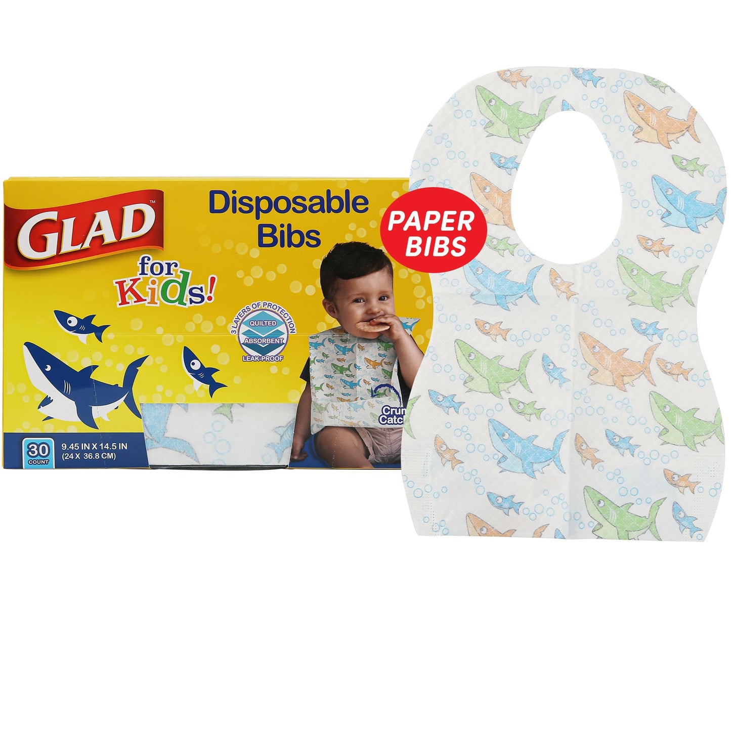 Glad for Kids Sharks Paper Bibs, 30 Count - Disposable Paper Bibs with Cute Sharks Design for Kids - Travel Bibs for Kids - Art & Craft Disposable Kids Bibs