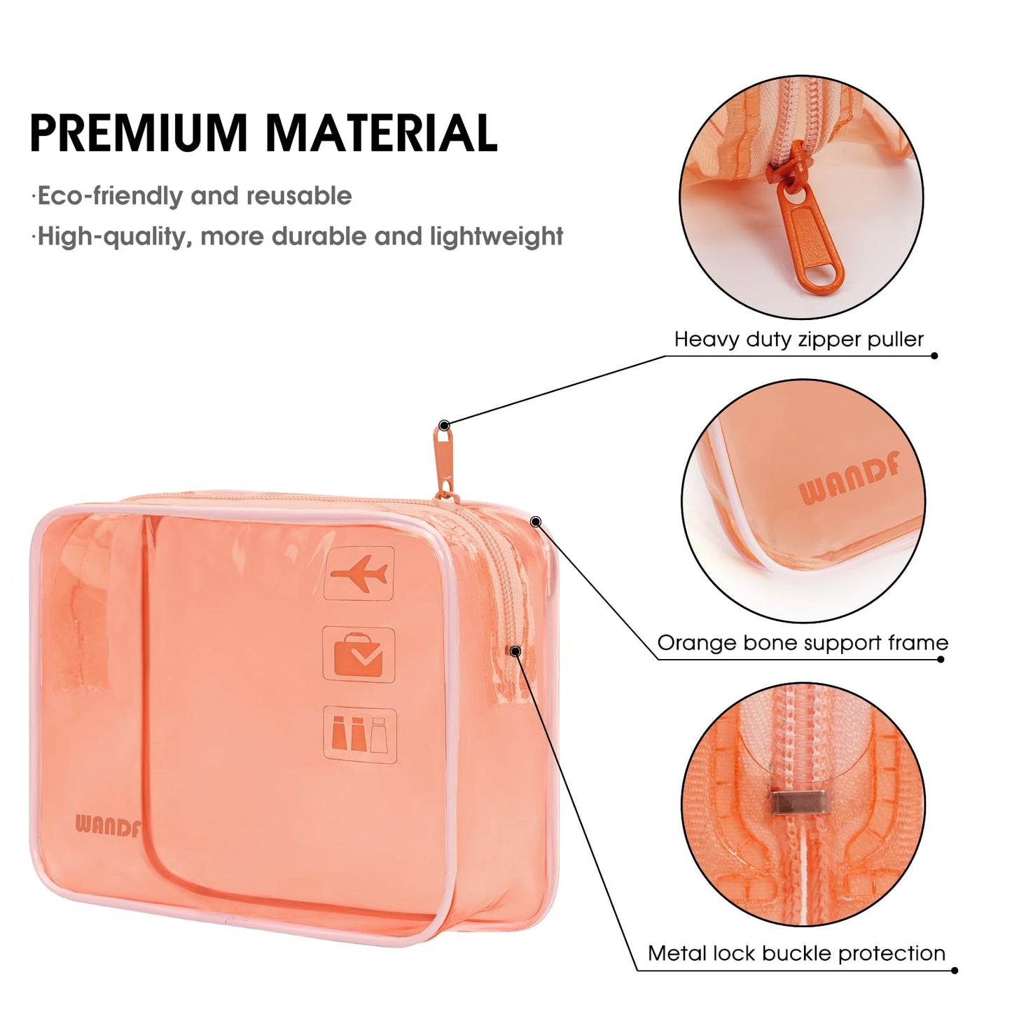 TSA Approved Clear Travel Toiletry Bag wih Zippers Carry-on Travel Accessories Quart Size Toiletries Cosmetic Pouch Makeup Bags for Men and Women Patent Pending (Orange)