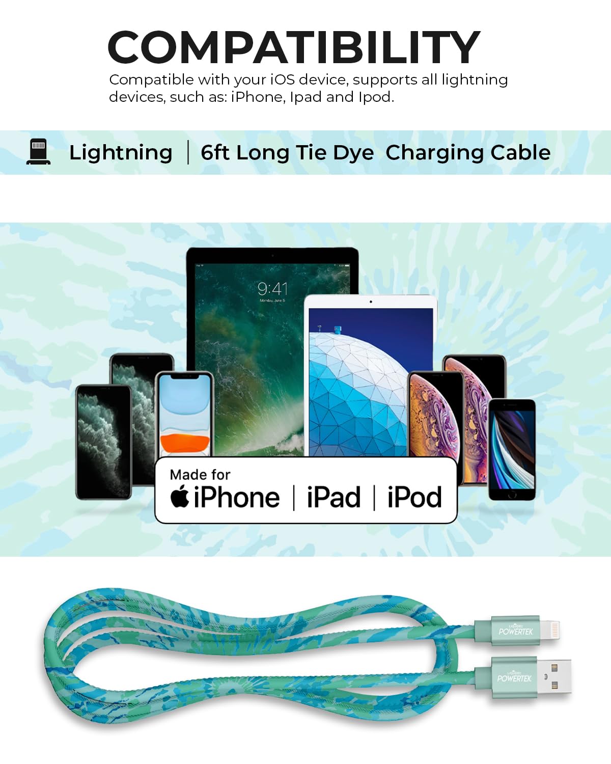 LIQUIPEL Powertek iPad & iPhone Lightning Charger Cable, Fast Charging 6ft MFI, Tie Dye Black (Green)