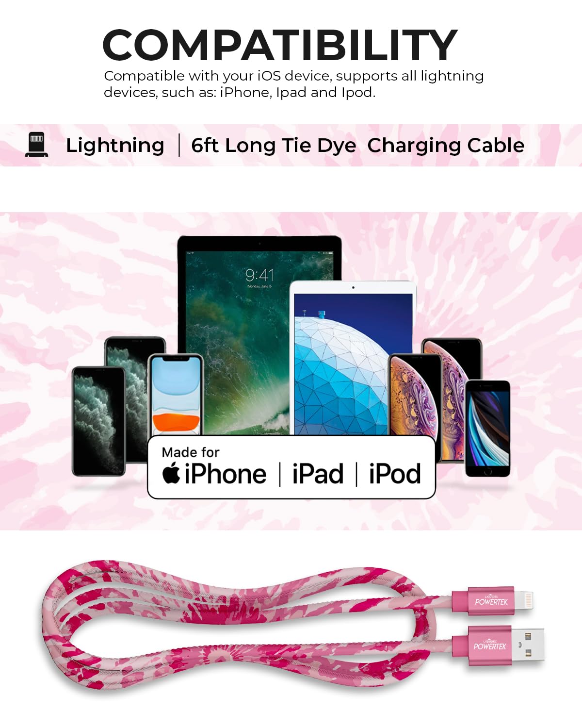 LIQUIPEL Powertek iPad & iPhone Lightning Charger Cable, Fast Charging 6ft MFI, Tie Dye Black (Pink)