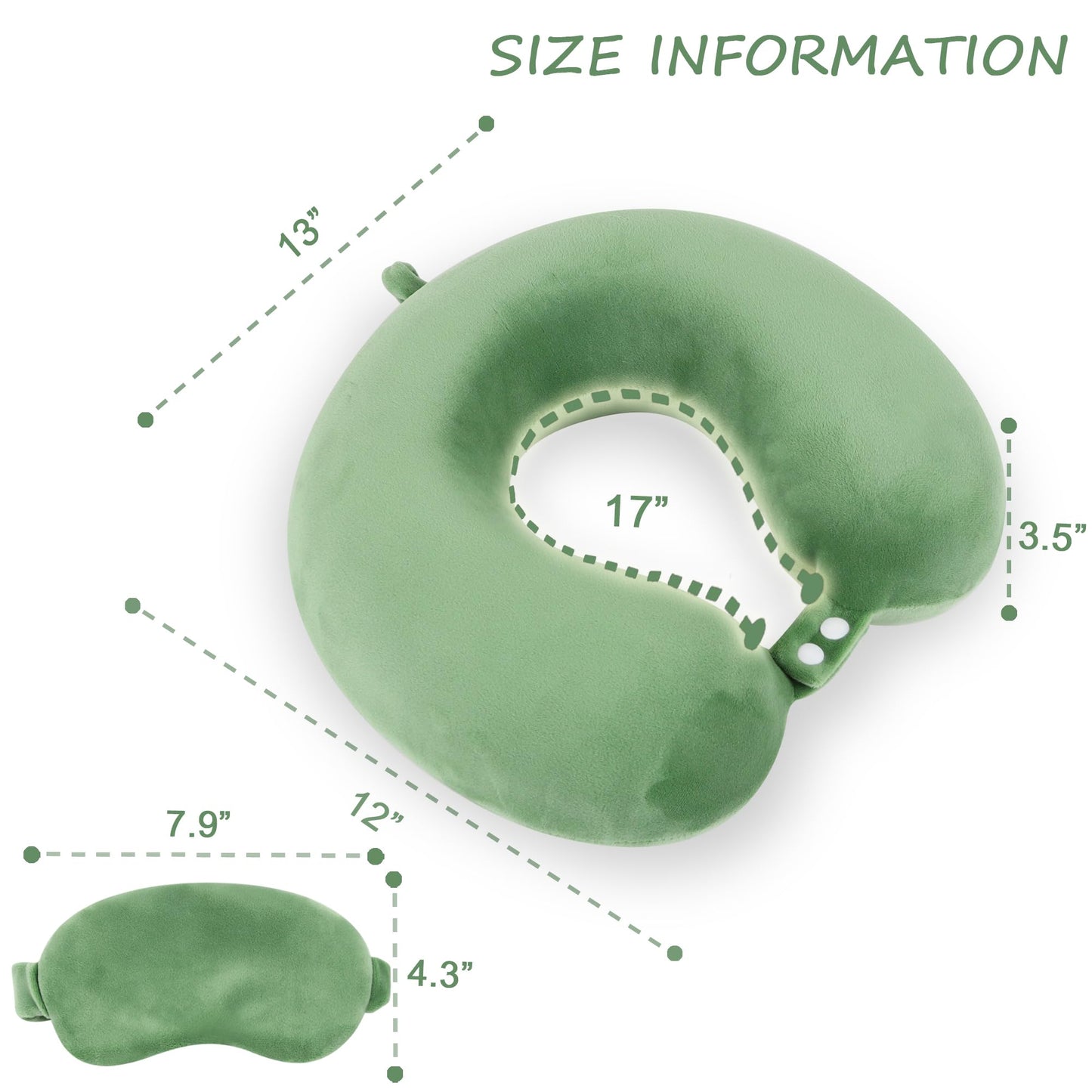 Sexysamba Pure Memory Foam Travel Pillow Set for Adults-Comfortable & Removable Machine Washable Cover, Neck Support Pillow Airplane Travel Kit with Eye Mask for Portable Plane Accessories-Green