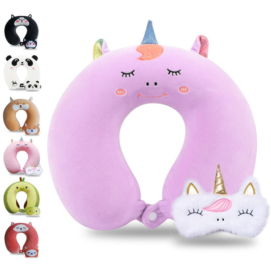 Sexysamba Cartoon Headrest & Neck Pillow for Kids Boys & Girls, Teens, Travel Accessories for Airplane, Car, Recline, Memory Foam Cute Travel Pillow with Sleep Eye Mask - Purple Unicorn