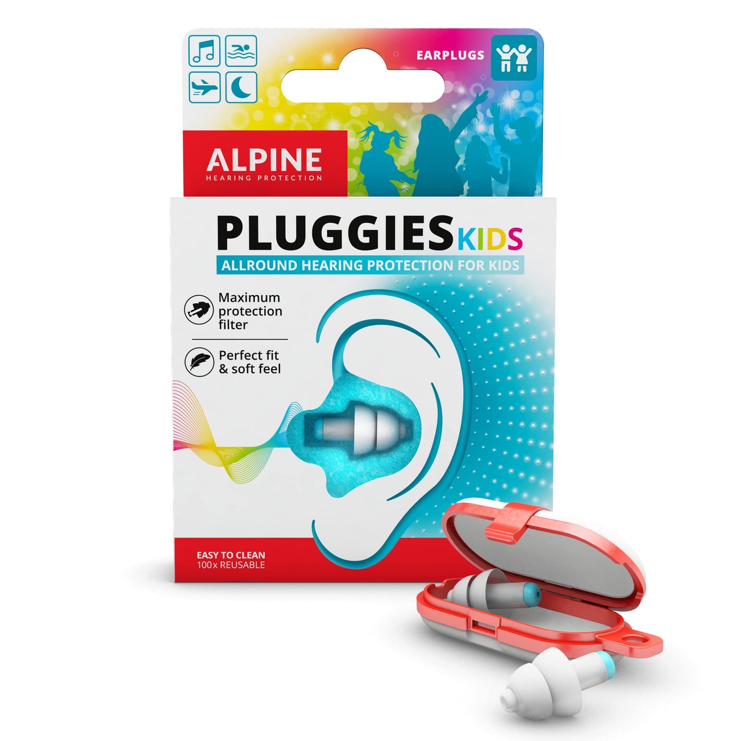 Alpine Pluggies - Filtered Earplugs for Kids & Small Ear Canals - 25dB - Certified Multi-Purpose Kids Ear Protection - Age 5-12 - Comfortable Hypoallergenic Kids Earplugs