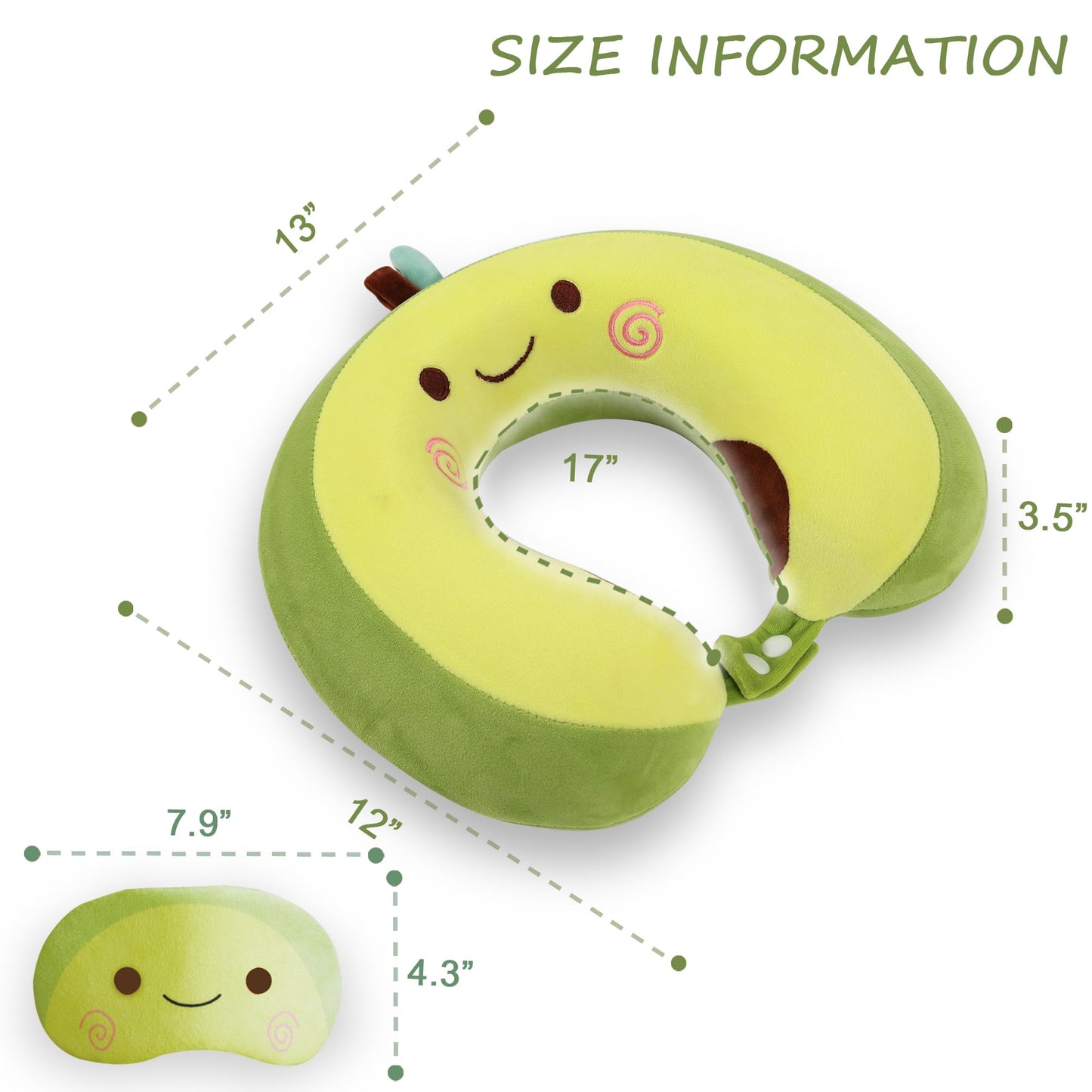 Cute Travel Pillow with Sleep Eye Mask Cartoon Headrest & Neck Pillow for Kids Boys & Girls, Teens, Travel Accessories for Airplane, Car, Recline, Home Use Memory Foam Flight - Green Avocado