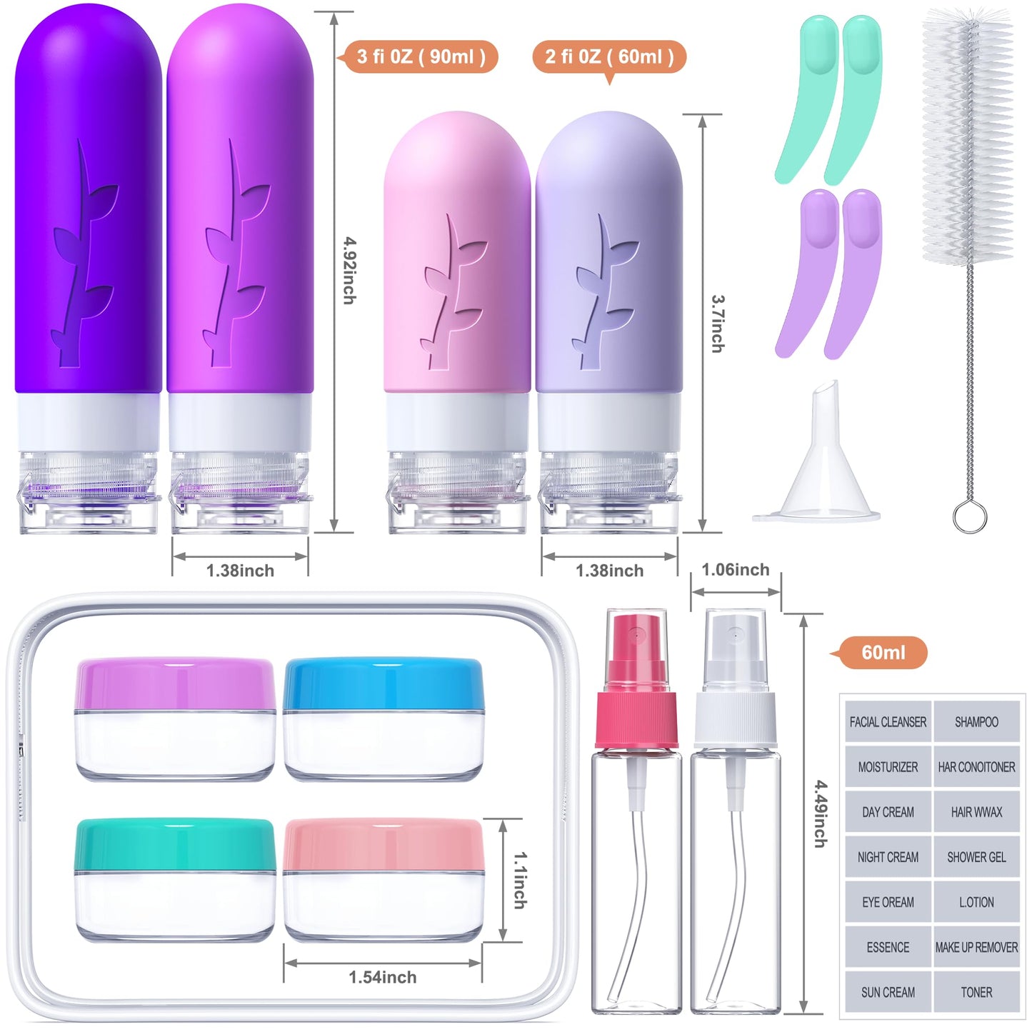 18-Piece Travel Bottle Set for Toiletries (Purple)