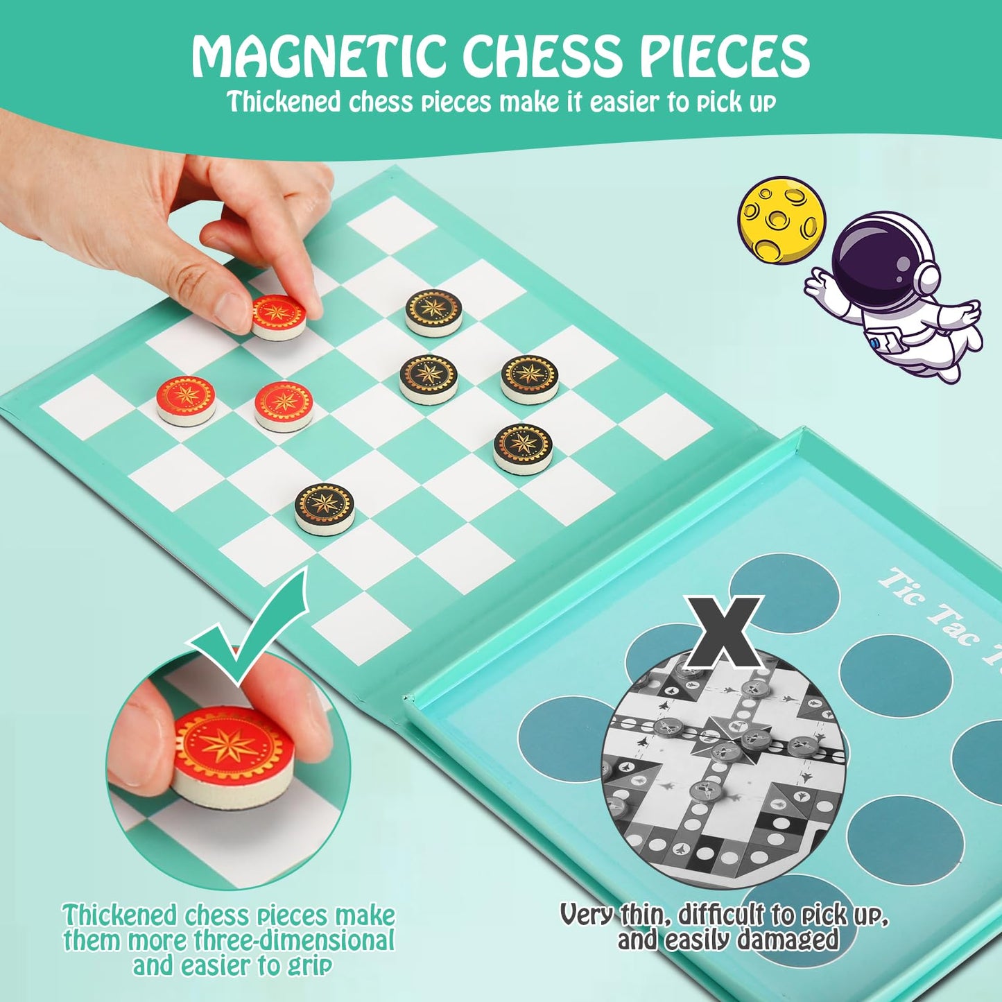 Checkers Board Game for Kids 4-12, 2 in 1 Magnetic Checkers and Tic-Tac-Toe Sets Travel Toys Travel Games, Ideal Gifts for Young Kids 4 5 6 7 8 9