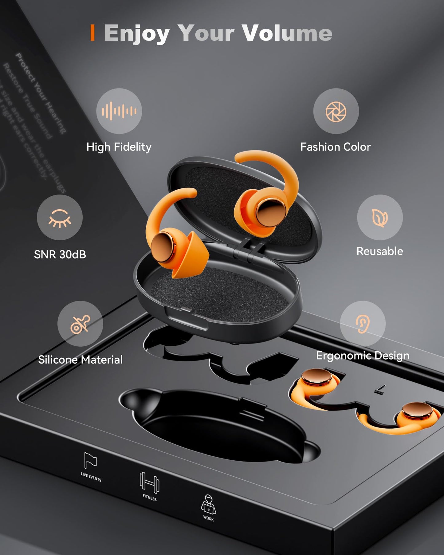 LIMEHO Ear Plugs for Sleeping Noise Cancelling, Reusable Earplugs for Sleep, Concerts, Travel, Work, Study&Focus, SNR 30dB Silicone Earplugs 2 Pairs (Orange)