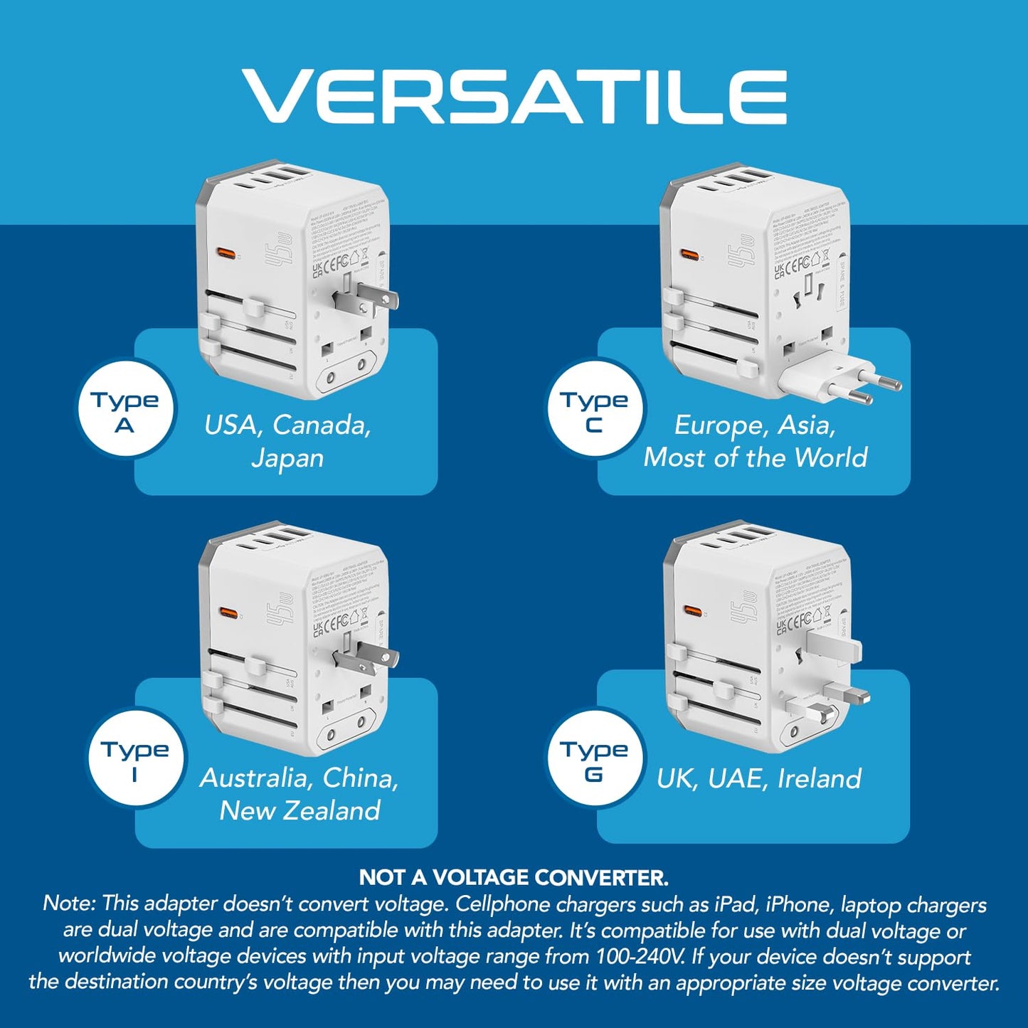 Ceptics Universal Travel Adapter w/ 2X USB-A and 3X USB-C, 6 in 1 Travel Adapter 45W for Global use, International Adapter for Mobile, Laptops, All in one Adapter for US, EU, UK & More, UP-45W-WH