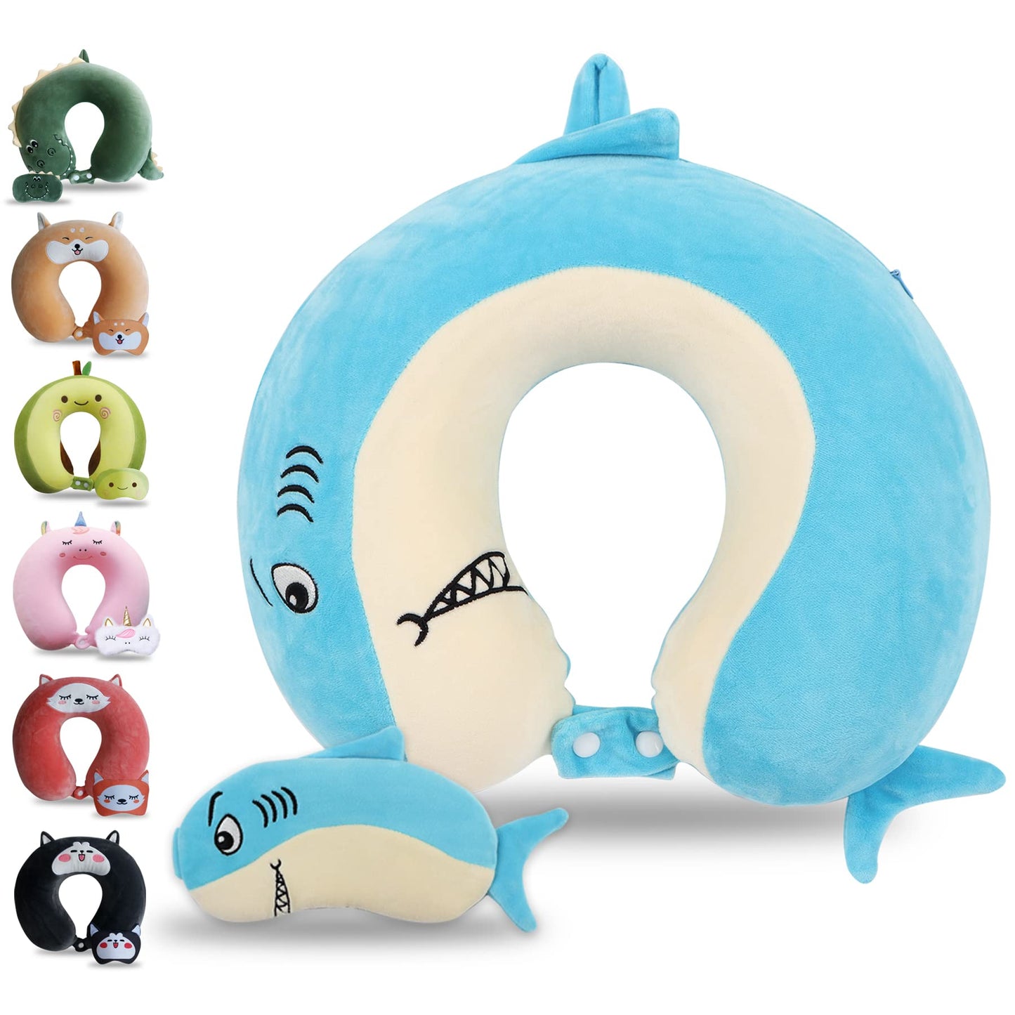 Sexysamba Cartoon Headrest & Neck Pillow for Kids Boys & Girls, Teens, Travel Accessories for Airplane, Car, Recline, Memory Foam Cute Travel Pillow with Sleep Eye Mask - Shark