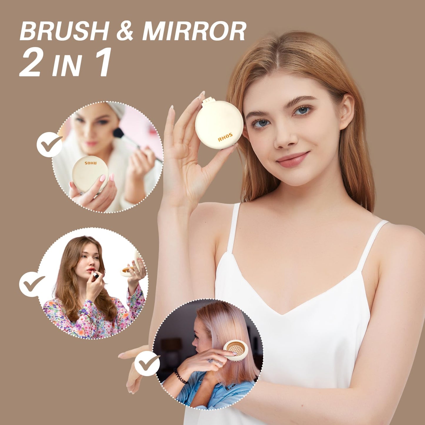 Round Folding Hairbrush with Mirror (Beige)