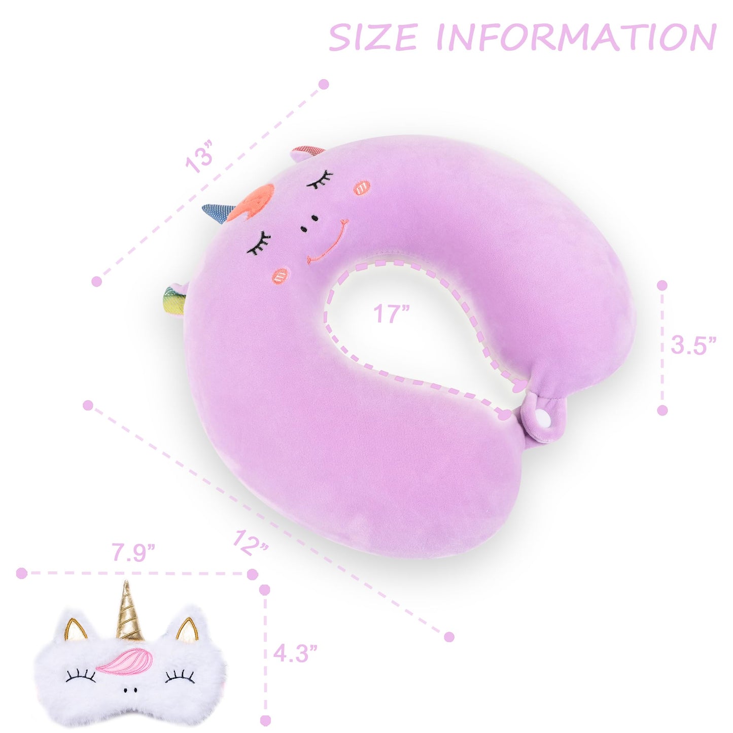 Sexysamba Cartoon Headrest & Neck Pillow for Kids Boys & Girls, Teens, Travel Accessories for Airplane, Car, Recline, Memory Foam Cute Travel Pillow with Sleep Eye Mask - Purple Unicorn