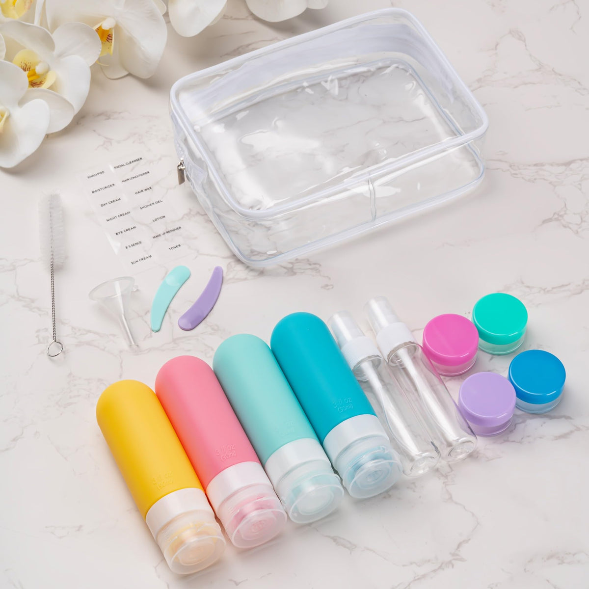 16-Piece Travel Toiletries Set with 3 oz. Bottles (Spring Colors)