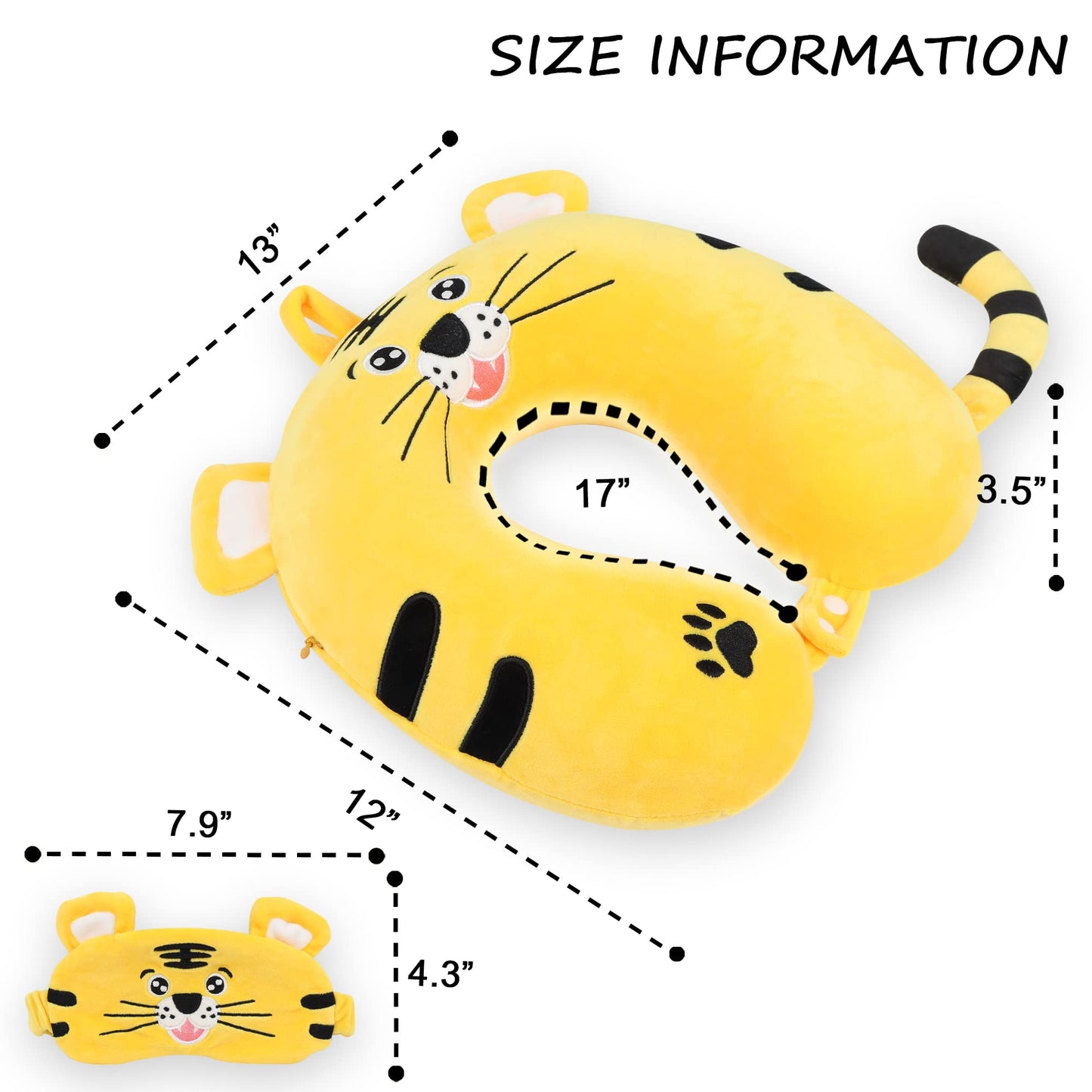 Sexysamba Cartoon Headrest & Neck Pillow for Kids Boys & Girls, Teens, Travel Accessories for Airplane, Car, Recline, Memory Foam Cute Travel Pillow with Sleep Eye Mask - Tiger