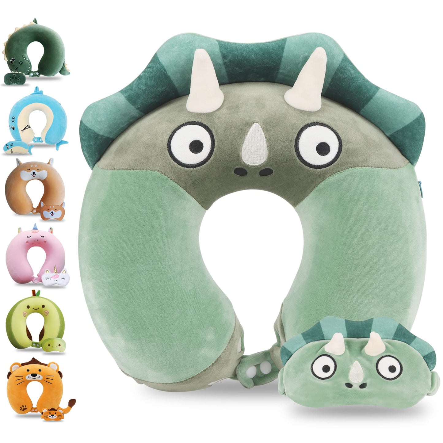 Sexysamba Cartoon Headrest & Neck Pillow for Kids Boys & Girls, Teens, Travel Accessories for Airplane, Car, Recline, Memory Foam Cute Travel Pillow with Sleep Eye Mask - Green Triceratops