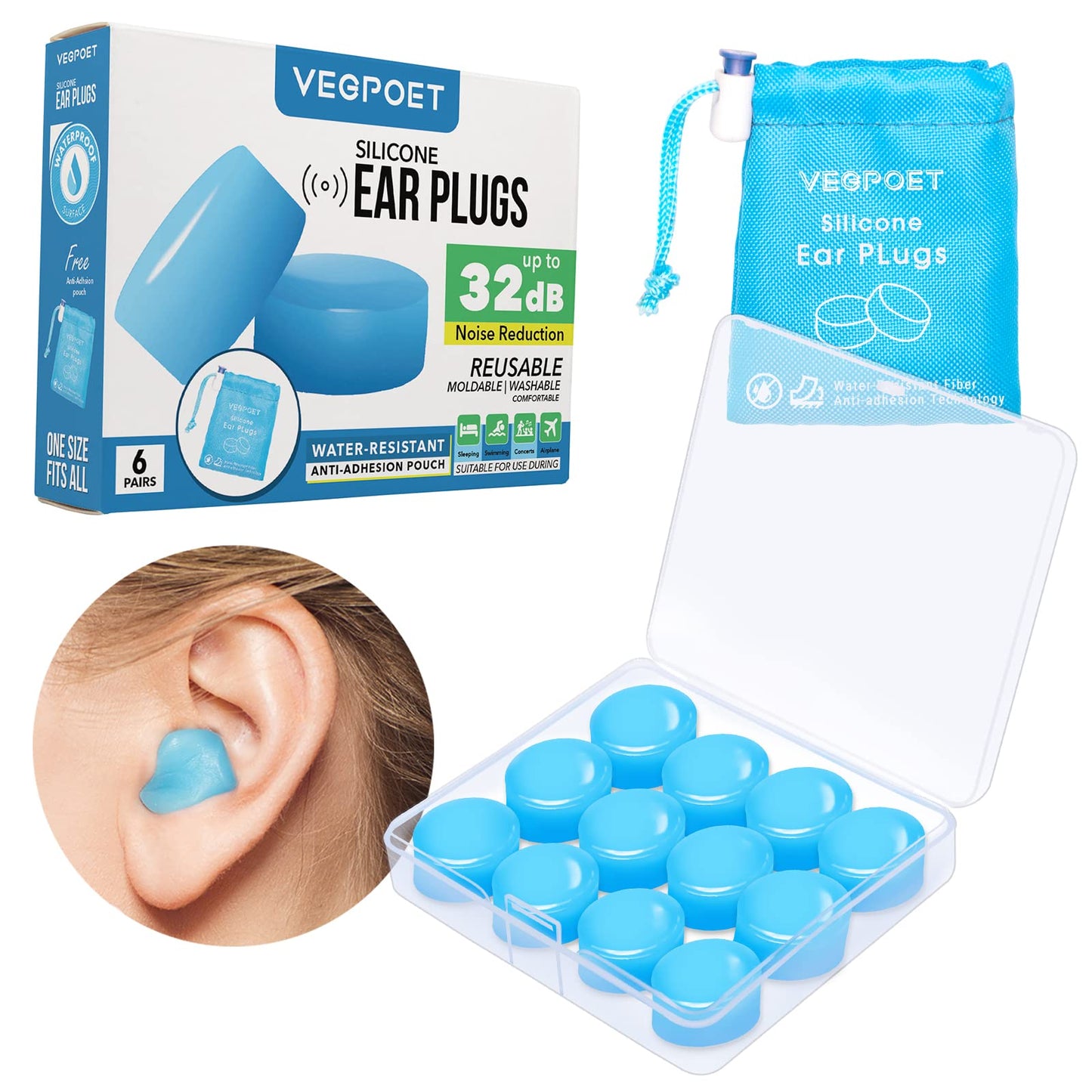 Ear Plugs for Sleeping - Vegpoet Reusable Moldable Silicone Earplugs Noise Cancelling Reduction for Concerts, Swimming, Shooting, Snoring, Airplane, Musicians, Motorcycle, 12 Pack Deep Blue