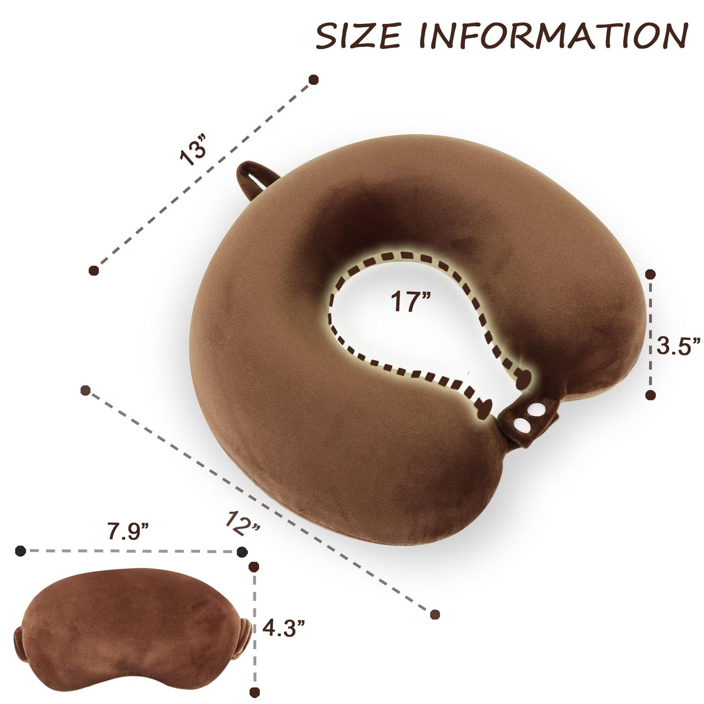 Sexysamba Pure Memory Foam Travel Pillow Set for Adults - Comfortable & Removable Machine Washable Cover, Neck Support Pillow Airplane Travel Kit with Eye Mask for Portable Plane Accessories - Brown