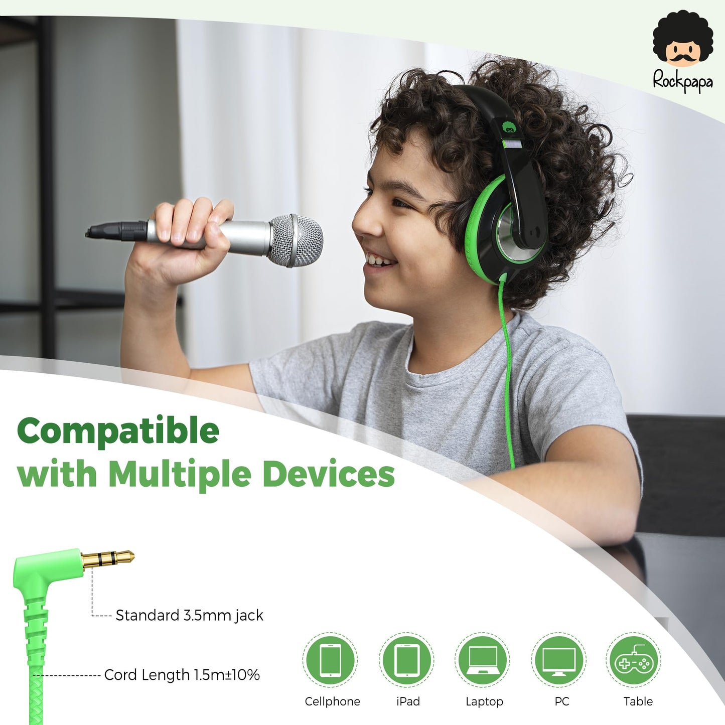 rockpapa Comfort Kids Headphones for School, Lightweight Childrens Boys Girls Teens Over-Ear Headphones Wired 3.5mm for CD DVD Player Tablet Phone Travel Black/Green