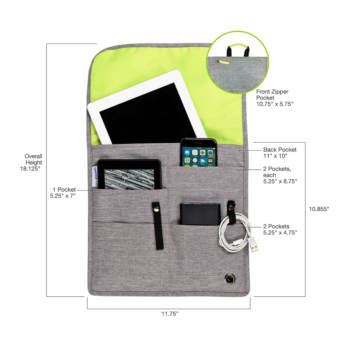 SO~MINE Airplane Pocket Organizer | Tray Table Cover | In Flight Seat Back Organizer Bag | Commuter Essential Travel Bag | Media Pouch For Flying | Travel Gift | Attaches To Luggage | Ash/Lime