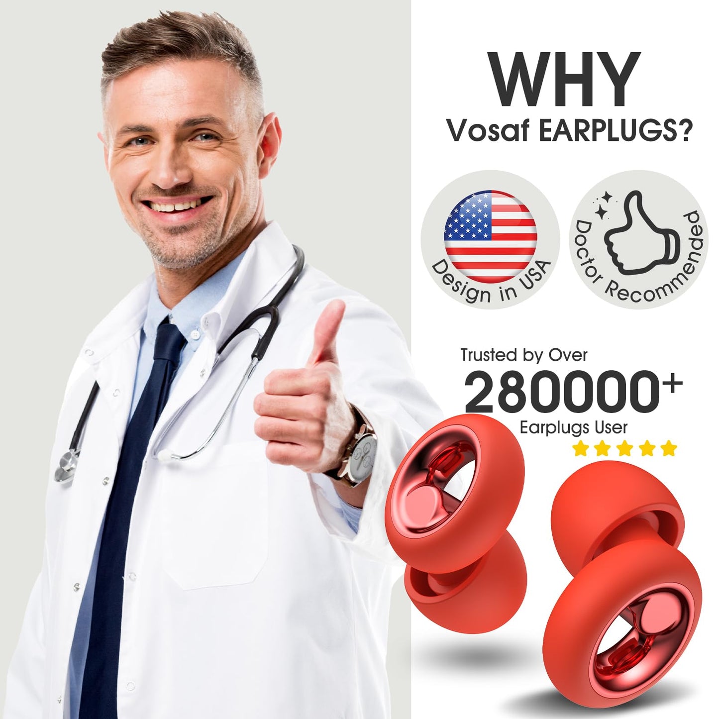 Vosaf Ear Plugs for Sleeping Noise Cancelling, Soft Ear Plugs for Concert, 45dB Reusable Ear Plugs for Noise Reduction with 8 Ear Tips, Silicone Hearing Protection Earplugs for Sleep, Work (Red)