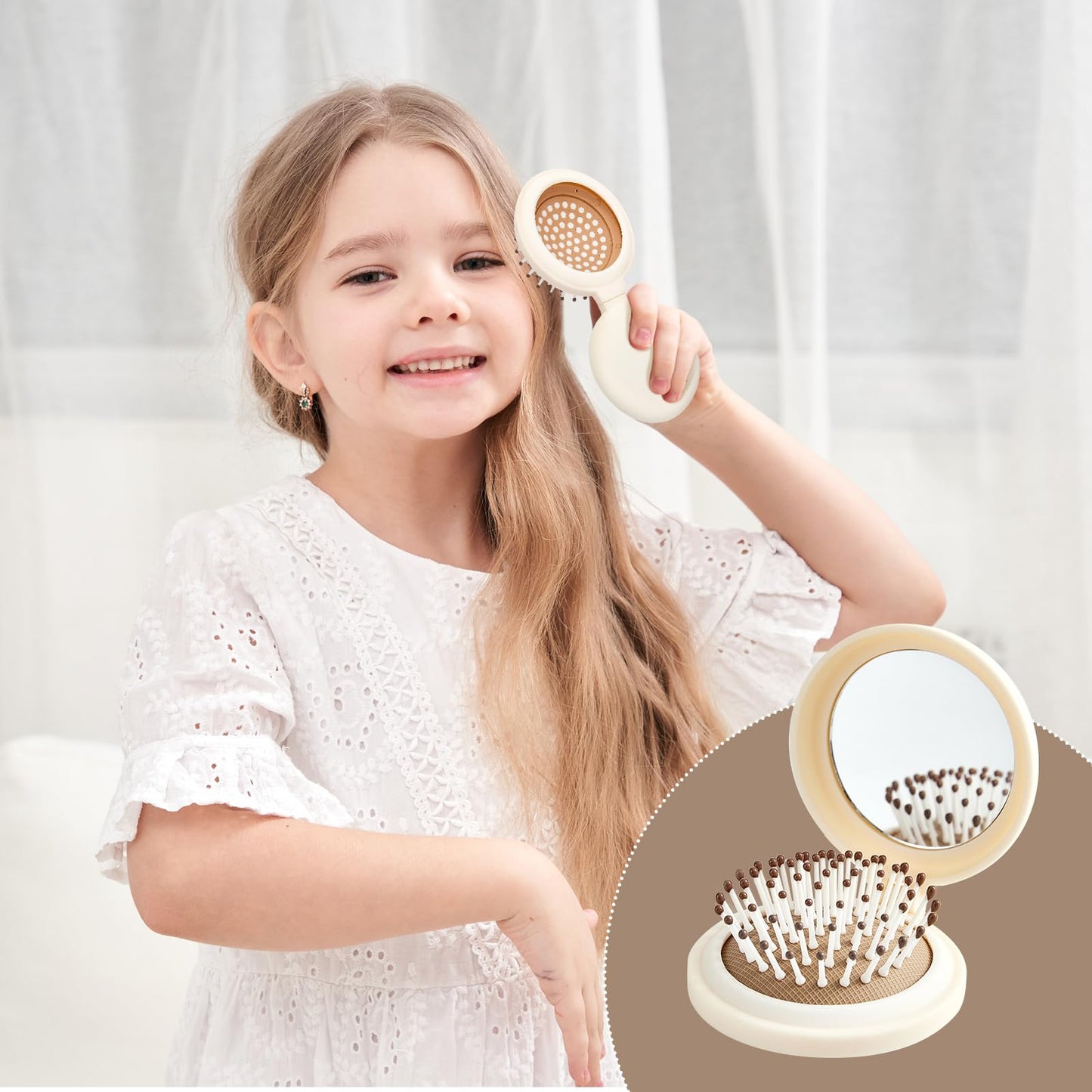 Round Folding Hairbrush with Mirror (Beige)