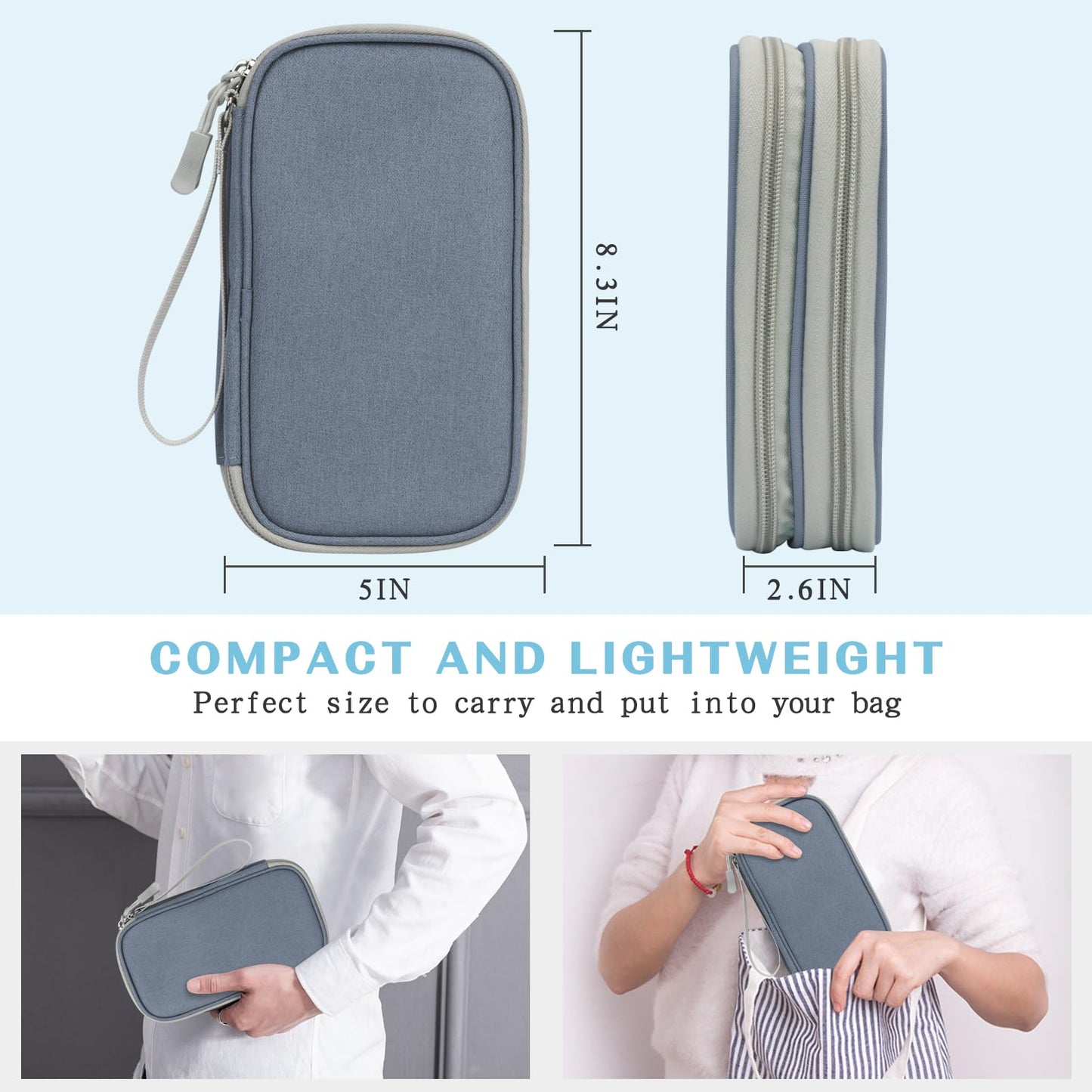 FYY Electronic Organizer, Travel Cable Organizer Bag Pouch Electronic Accessories Carry Case Portable Waterproof Double Layers Storage Bag for Cable, Charger, Phone, Earphone, Medium Size- Light Grey