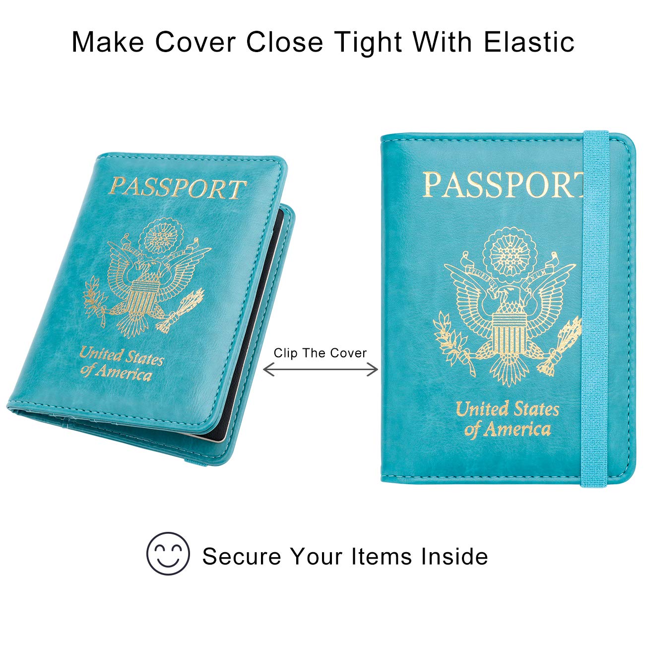 Travel Passport Wallet with RFID Shielding and Pen Slot (Turquoise Blue with Gold Text)