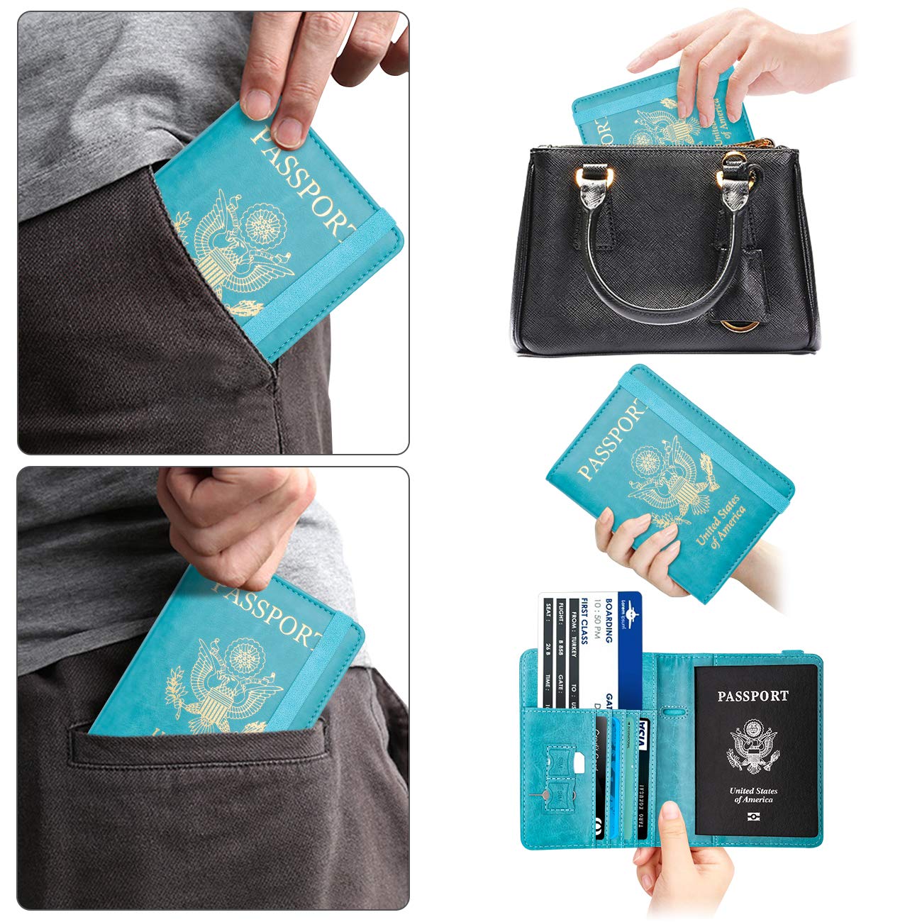 Travel Passport Wallet with RFID Shielding and Pen Slot (Turquoise Blue with Gold Text)