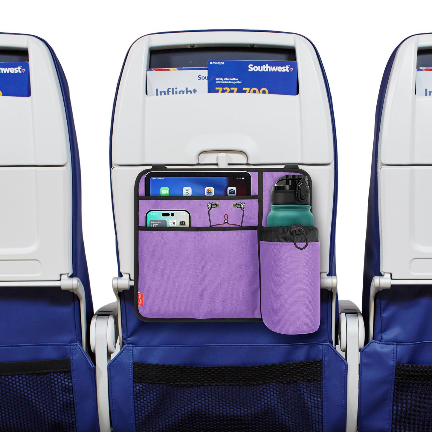 Airplane Seat Back Organizer with Hygienic Tray Table Cover (Purple)