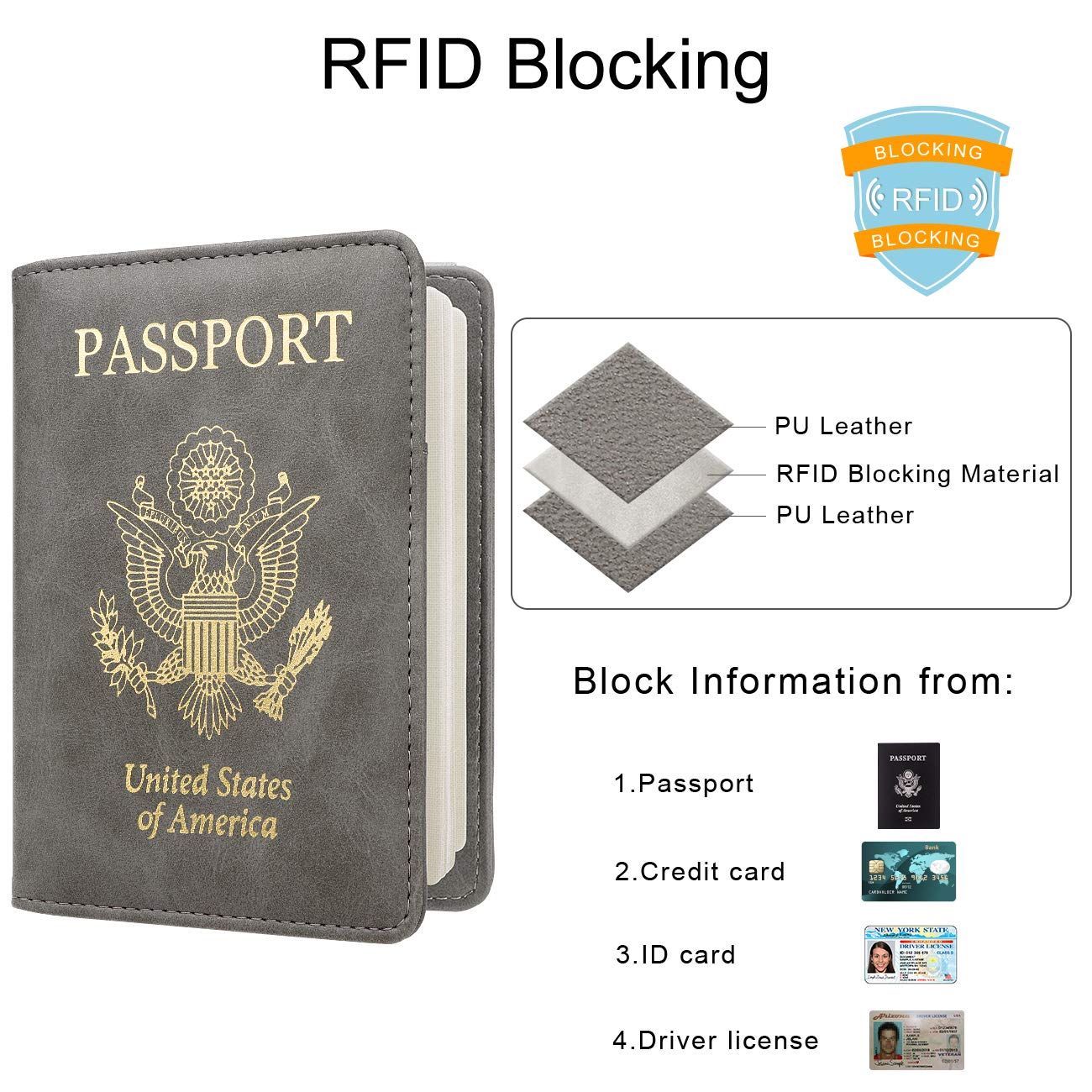 Travel Passport Wallet with RFID Shielding and Pen Slot (Grey)