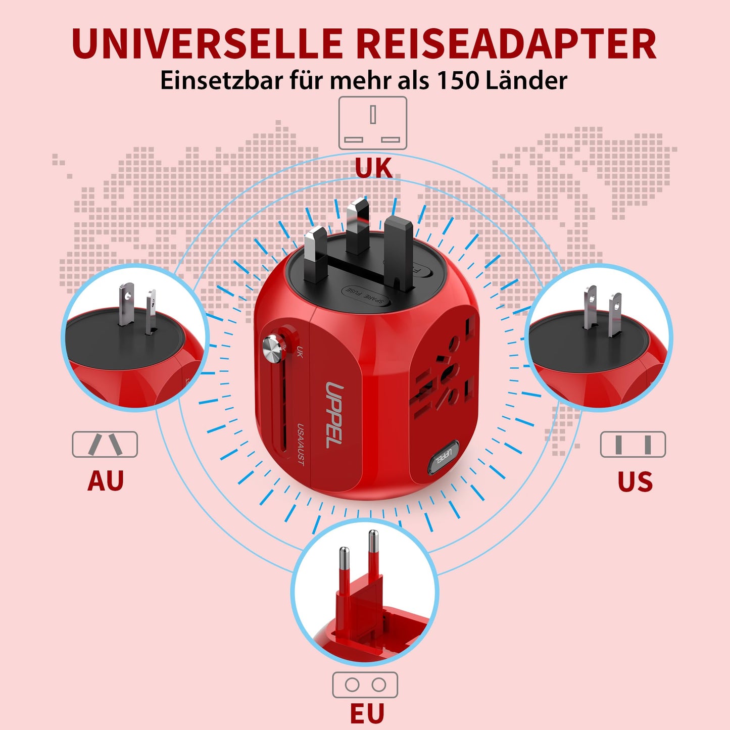 Travel Power Plug Adapter Portable Wall Charger Multi Plug USB Outlet Extender with 6A Smart Power Quick Charge 3.0 USB Type C for USA,UK,EU Red