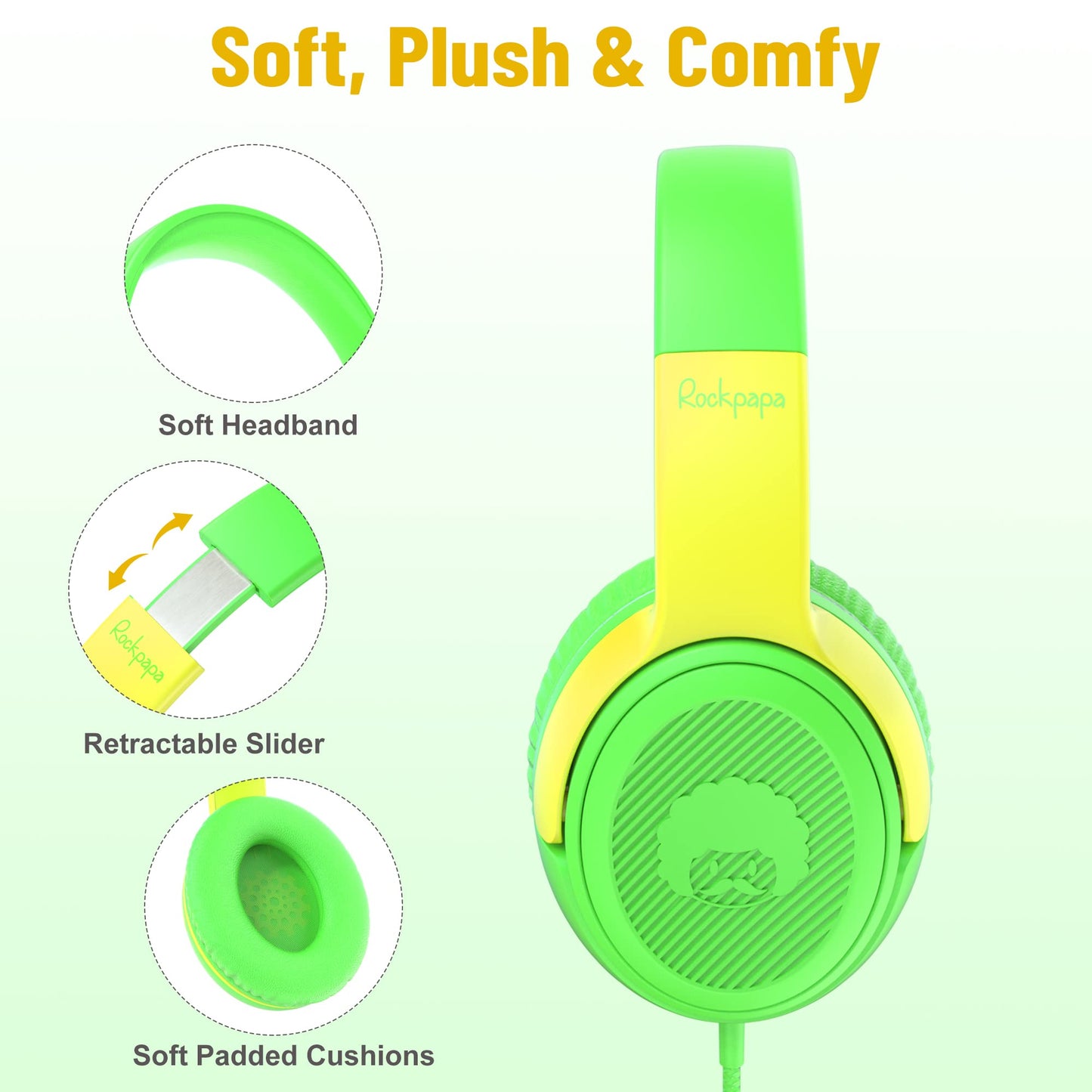 rockpapa Share 1 Kids Headphones Wired with Microphone & Share Port, 85dB/94dB Volume Limited, Cute Foldable Student Child Boys Girls Headphones for School/Classroom/Travel Green/Yellow