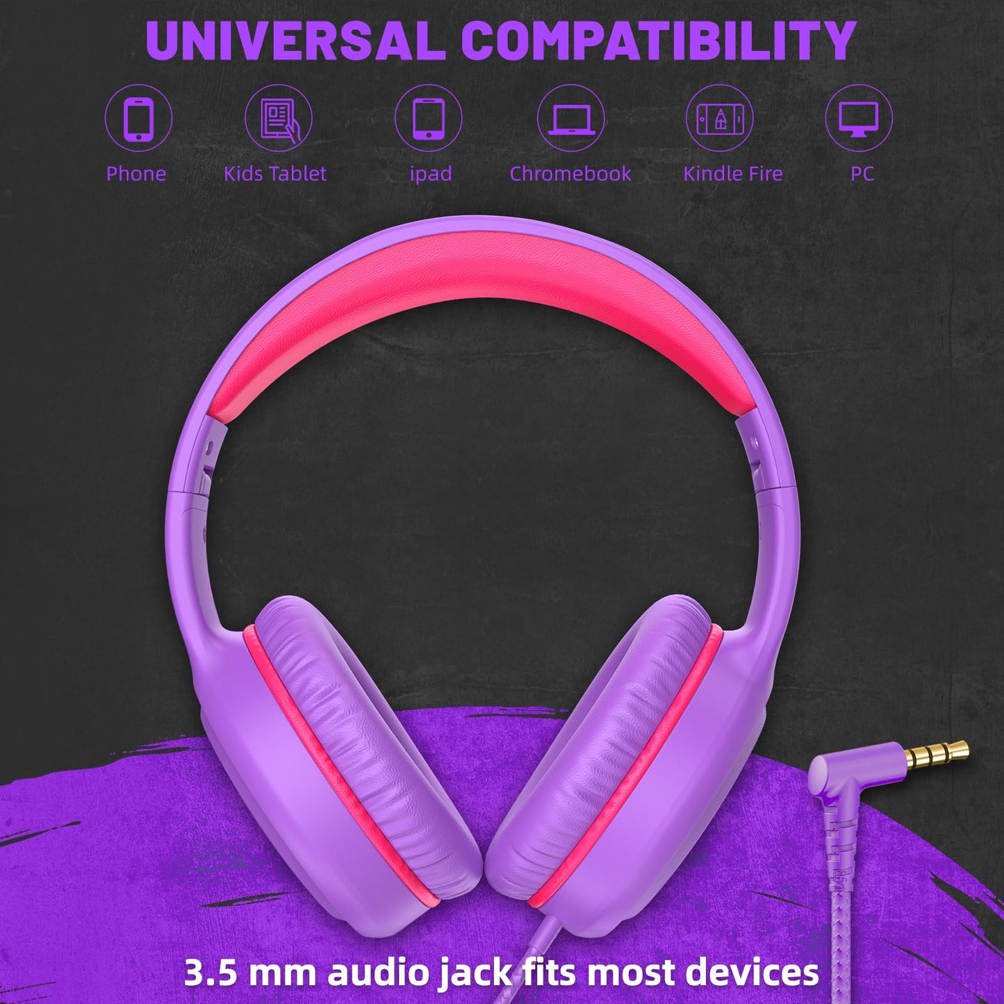 UKELALA U2 Wired Headphones for Kids Girls for School | Lightweight Folable Youth Headphones for Airplane Travel Classroom | Compatible with PC Laptop Tablet for Adults Student Children Purple