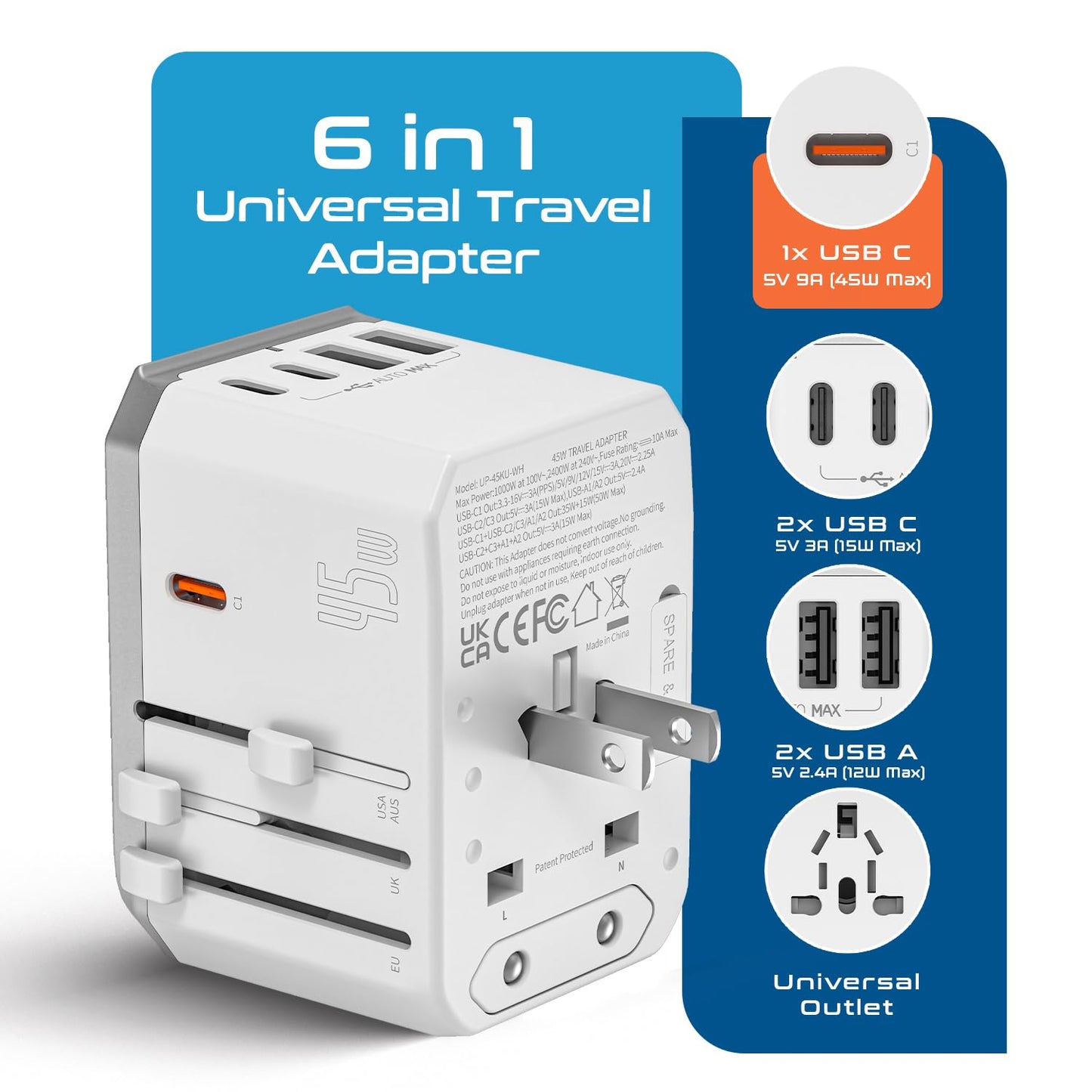 Ceptics Universal Travel Adapter w/ 2X USB-A and 3X USB-C, 6 in 1 Travel Adapter 45W for Global use, International Adapter for Mobile, Laptops, All in one Adapter for US, EU, UK & More, UP-45W-WH