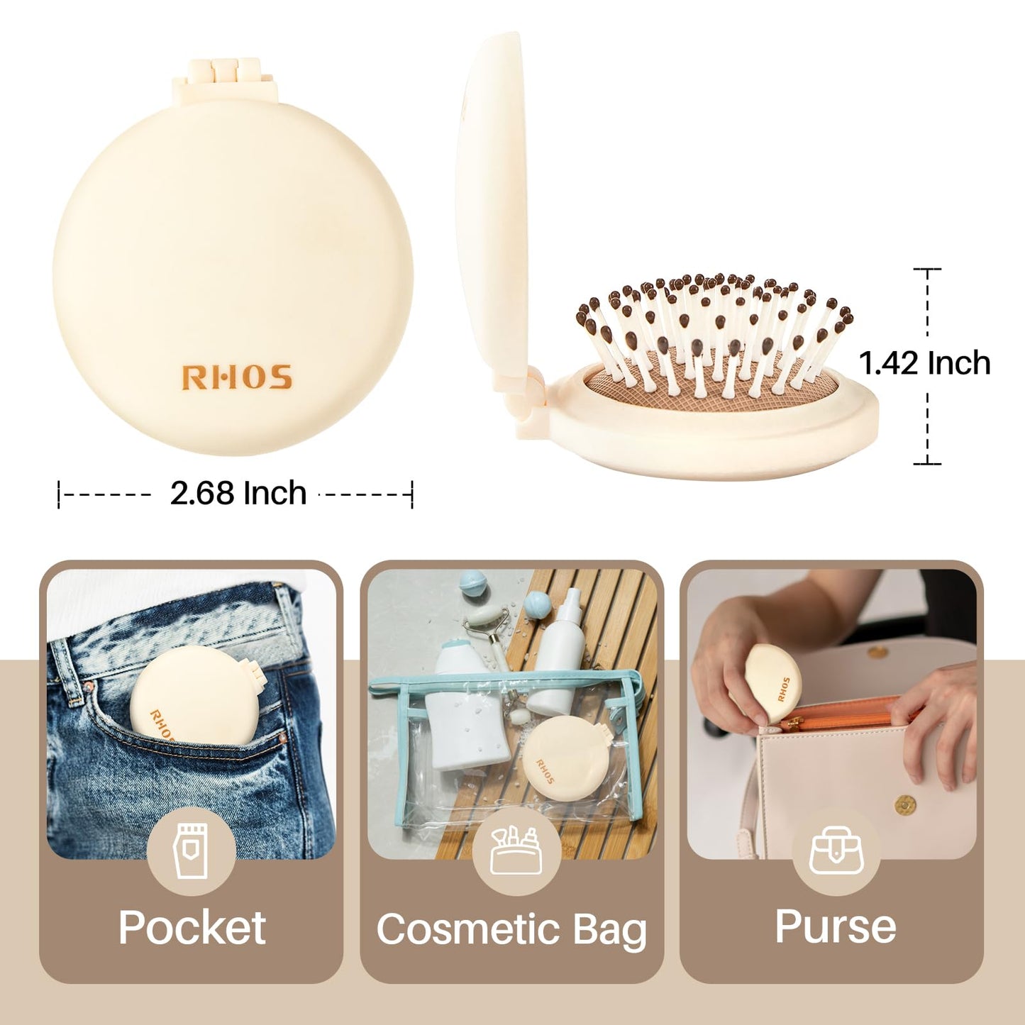Round Folding Hairbrush with Mirror (Beige)