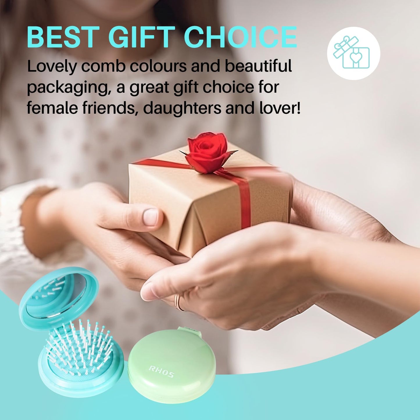 Round Folding Hairbrush with Mirror (Aqua Blue)